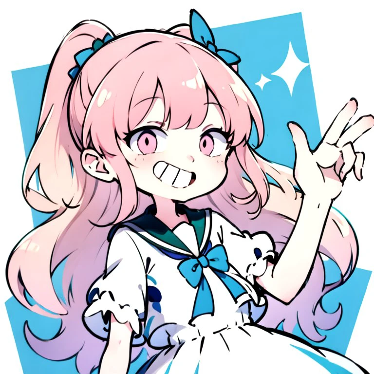 best quality, masterpiece, beansmile, smile, open smile, teeth, clenched teeth, grin, open mouth, 1girl, ncjstyle, ncjzzz, blunt bangs, long hair, 1girl, sundress, school uniform, cute, kawaii, solo, pink hair, girly puyopuyo (<-puyopuyo lora from civitai)