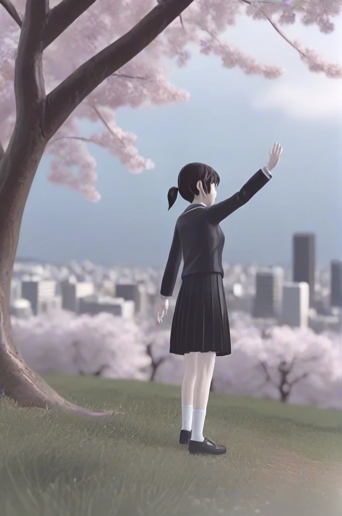 masterpiece, best quality, highres, sakurairo mau koro, pov, facing viewer, looking at viewer, closeup on pretty face, 1girl, one arm up, over head, waving, goodbye, black school uniform, black pleated skirt, hands on knee, standing, slim figure, close to tree, sky, turf, grass, petal, sakura, cherry blossoms, hilltop, slope, trunk, bench, cityscape, overlooking, <lora:sakurairomaukoro_sdxl_rearview:0.8>