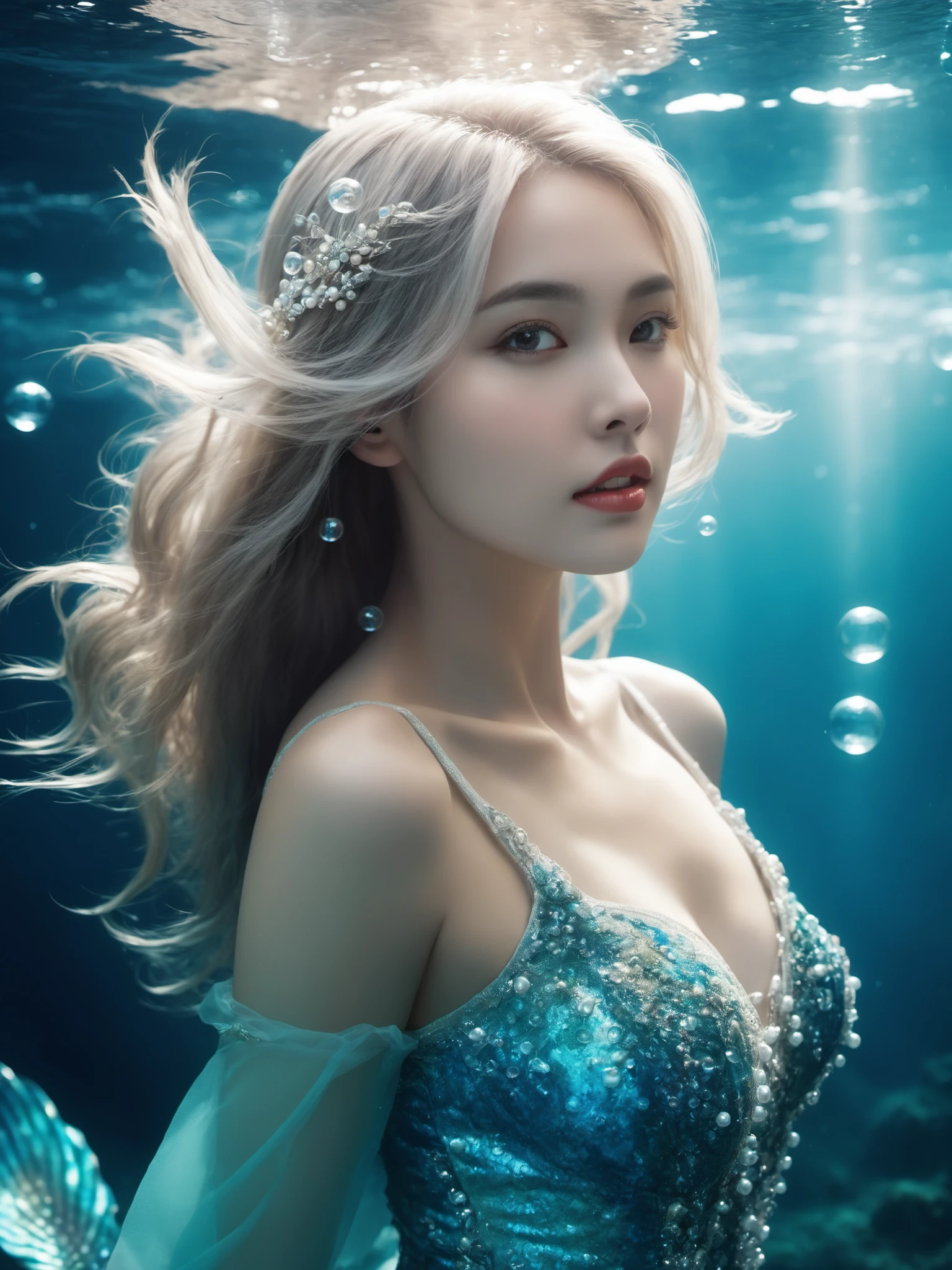 The scene of a beautiful mermaid swimming in the deep sea, long flowing silver hair, perky breasts, gorgeous fishtail skirt, the skirt is inlaid with shining pearls and gems, noble and mysterious, white skin, the light smile, the eyes twinkle, as if telling a moving story, the surrounding bubbles and water waves add to the motion and depth of the picture, the peace and mystery in the deep sea, Beautiful and romantic, full of imagination and artistic appeal, fantasism, fantasy style, masterpieces, pastel colors, deep sea scenes, movie lighting, high contrast, unimaginable beauty,, (best quality:1.3)