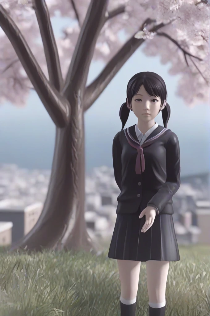 masterpiece, best quality, highres, sakurairo mau koro, pov, facing viewer, looking at viewer, closeup on face, 1girl, black school uniform, hands on knee, standing, close to tree, sky, turf, grass, petal, sakura, cherry blossoms, hilltop, slope, trunk, bench, cityscape, overlooking, <lora:sakurairomaukoro_sdxl_rearview:0.8>