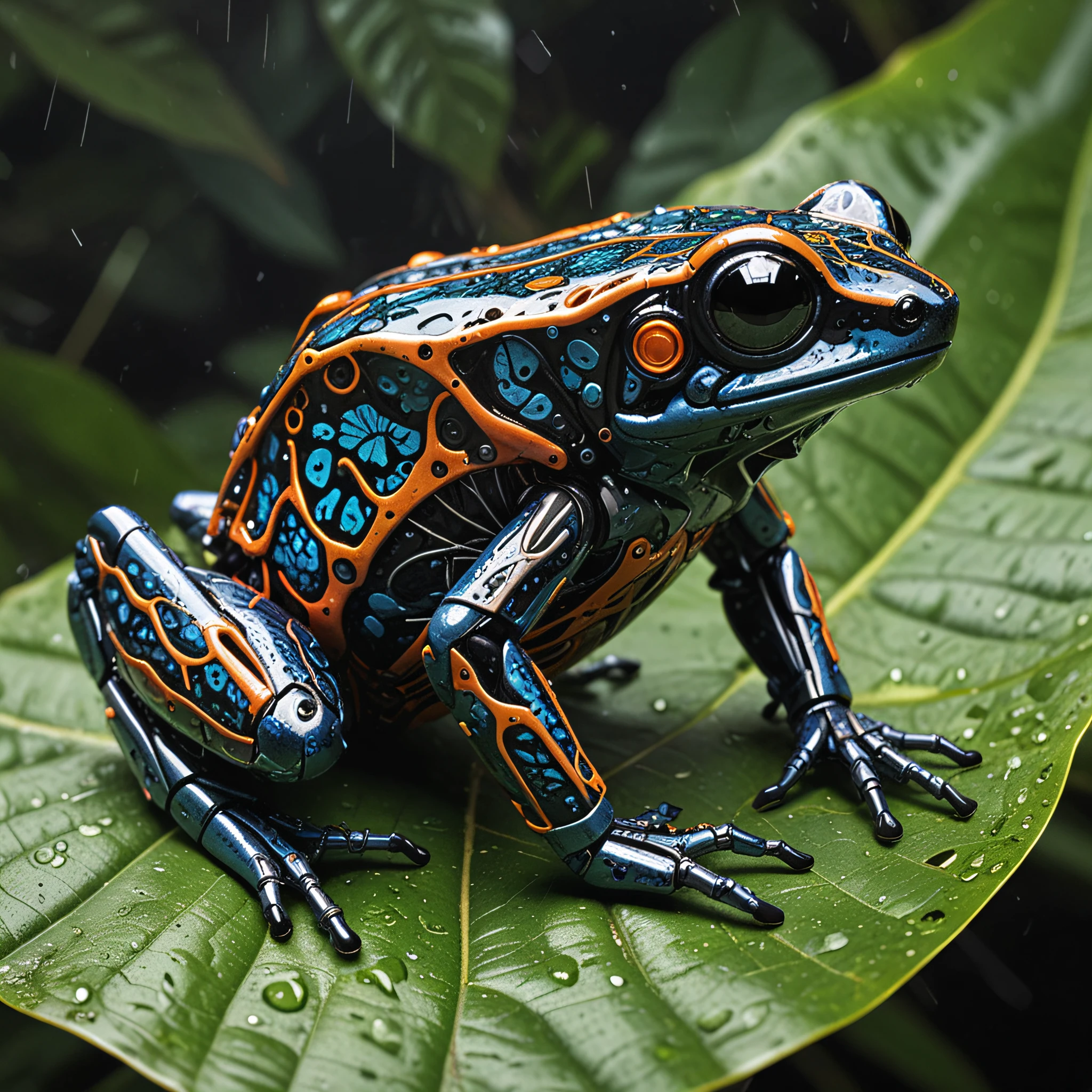 cybernetic robot android poison dart frog, sitting on a large leaf, amazon rain forest, thick black outlines, high contrast,
<lora:sdxl_lightning_8step_lora:0.8>. android, AI, machine, metal, wires, tech, futuristic, highly detailed,