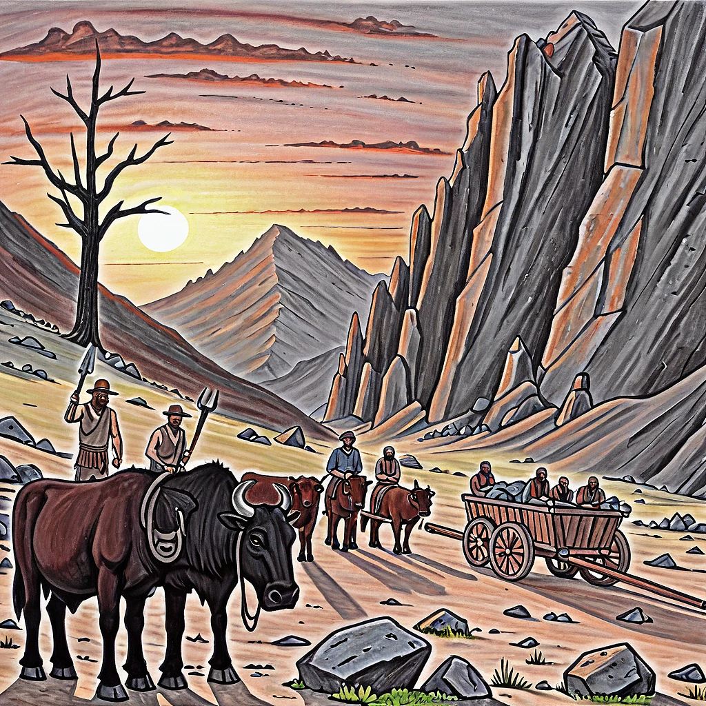 score_9, score_8_up, score_7_up, score_6_up, BREAK, armok, traditional media, seven people standing uncertainly around an ox-drawn wagon in a rocky mountain valley, holding tools, looking expectant, sunset, ready to start, broken trees, boulders, desolate hillside,