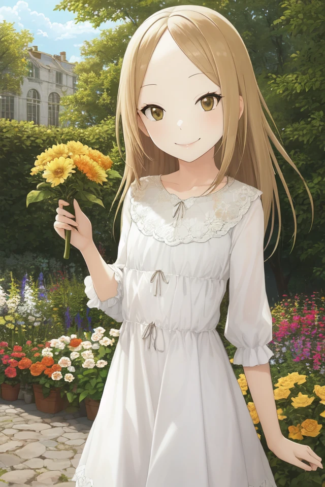 1 girl, outdoors, garden, flowers, standing, smile,
 <lora:Usagi_Drop_-_Kaga_Rin:0.7> udkagarin, brown eyes, brown hair, blonde hair, long hair, parted bangs,
dress,