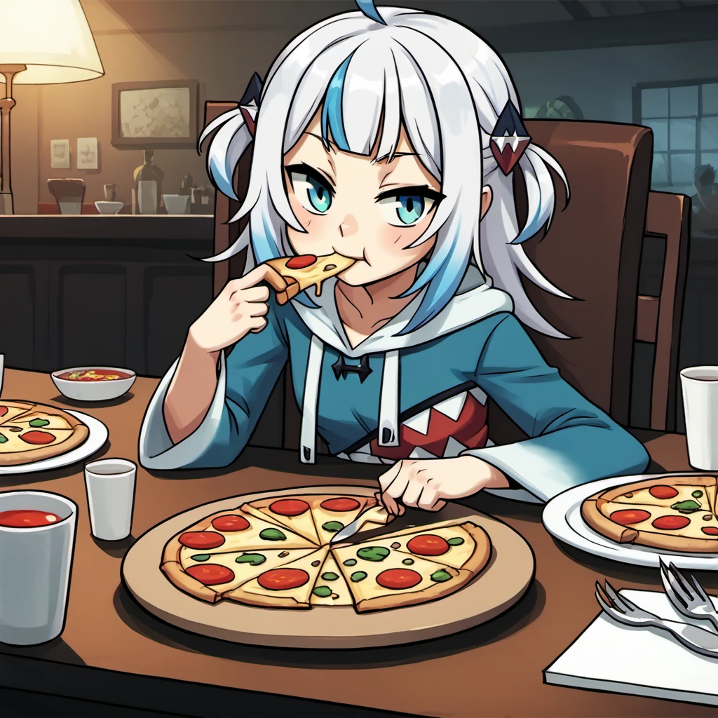 1girl, gawr_gura_(1st_costume), hololive, sitting, looking at viewer, eating, pizza, plate, fork, knife, table, chair, table, restaurant, hoodie, cinematic angle, cinematic lighting, masterpiece, best quality
<lora:Lab-Zero-game_Lora(PonyXL)captions2-000010:1.23>, anime artwork in lzg style, score_9, score_8_up, score_7_up, score_6_up, score_5_up, score_4_up