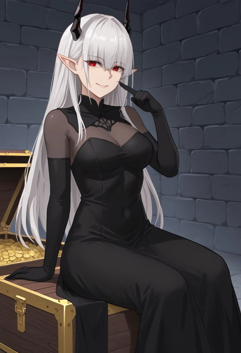 1girl, absurdres, solo, Sarkaz_Dancer, white hair, long hair, horns, pointy ears, red eyes, hair over eyes, eyes visible through hair, asymmetrical skirt, black dress, black gloves, elbow gloves, bodystocking, see-through cleavage, dungeon, sitting, smile, index finger raised, finger to mouth, naughty face, teasing, treasure chest