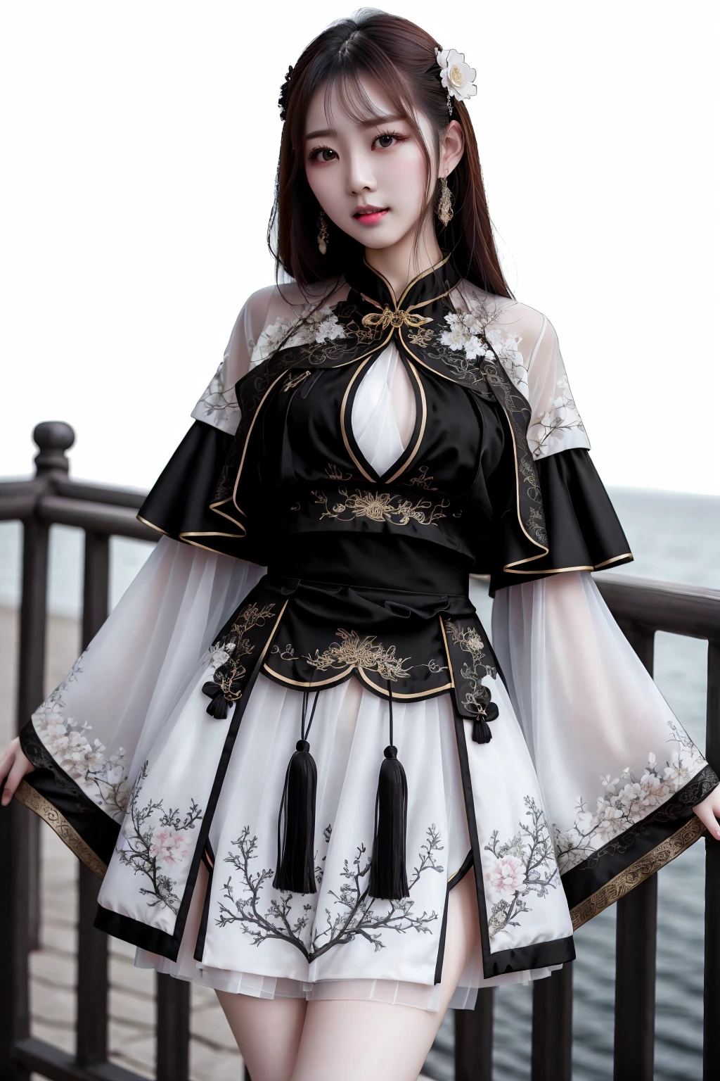 ((best quality)), absurdres, ((ultra high res)), 1girl, perfect face, beautiful face, chinese clothes, black_white dress, short hanfu, cowboy shot, outdoors, <lora:hanfuu:0.7>