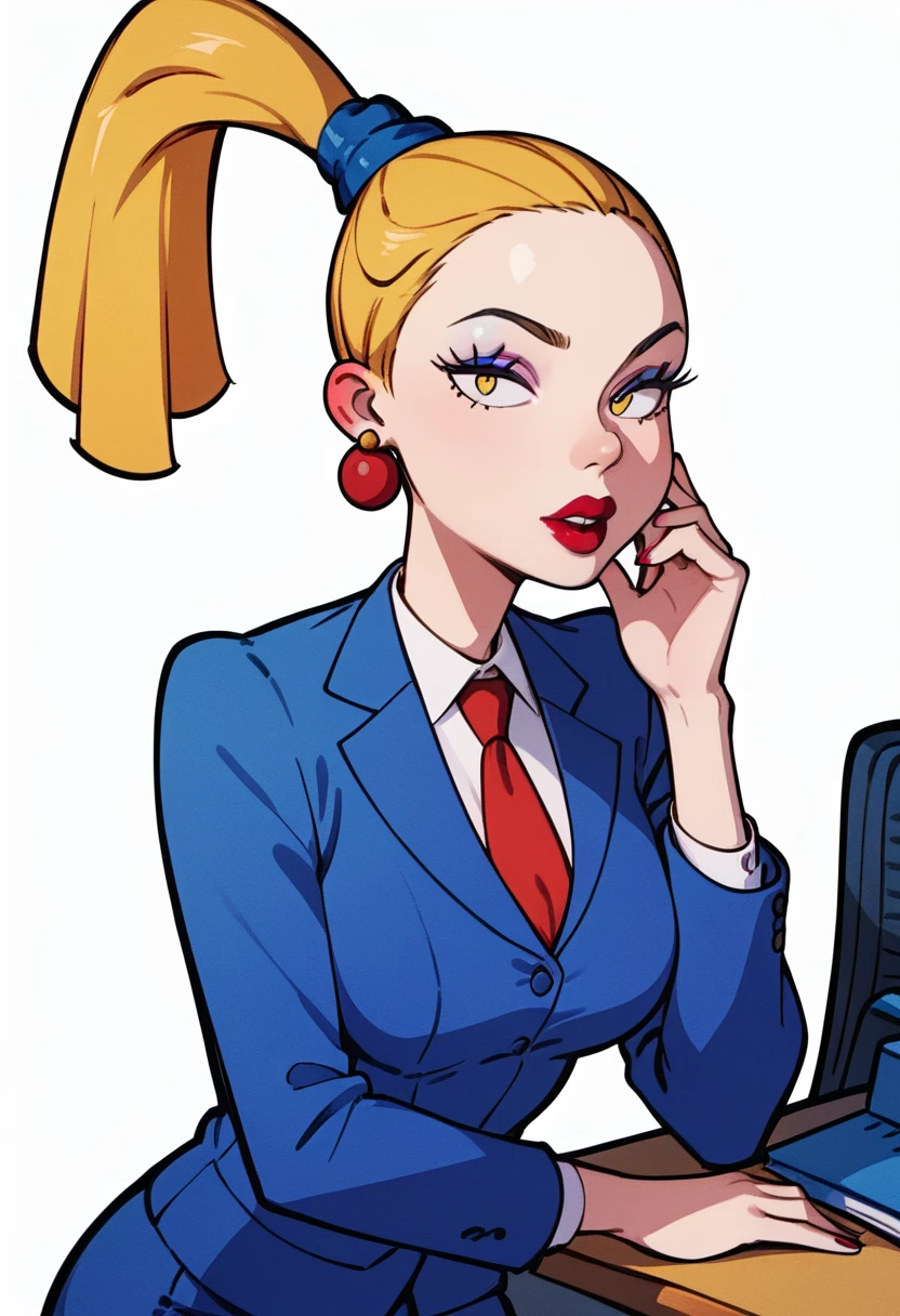 score_9, score_8_up, score_7_up, clean scene, white background, looking at viewer, <lora:Charlotte_Pickles_PDXL:0.9> charlottepicxl, ponytail, earrings, lipstick, makeup, blonde hair,  yellow eyes, office suit, red tie, blue jacket, medium breasts,