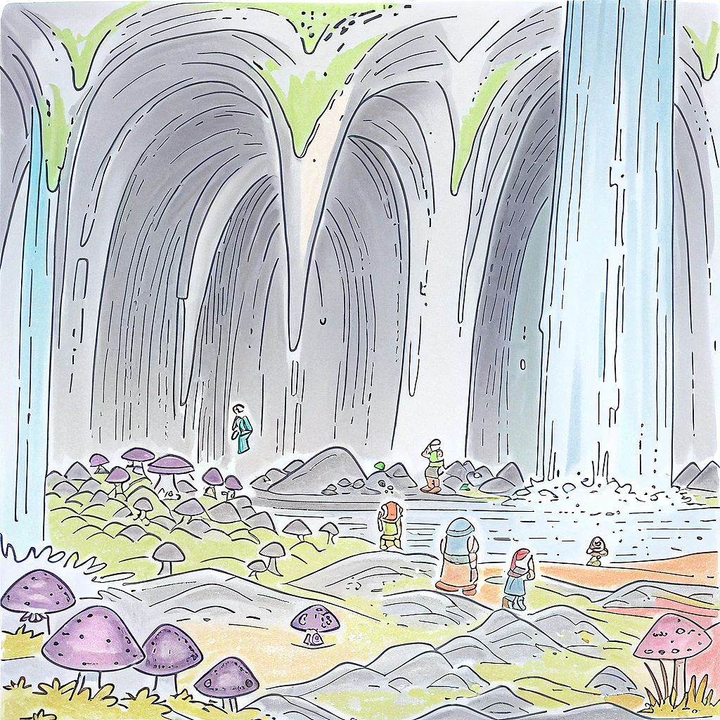 score_9, score_8_up, score_7_up, score_6_up, BREAK, armok, traditional media, three people standing in a cavern holding torches and pickaxes, giant mushroom, rocks, waterfall,