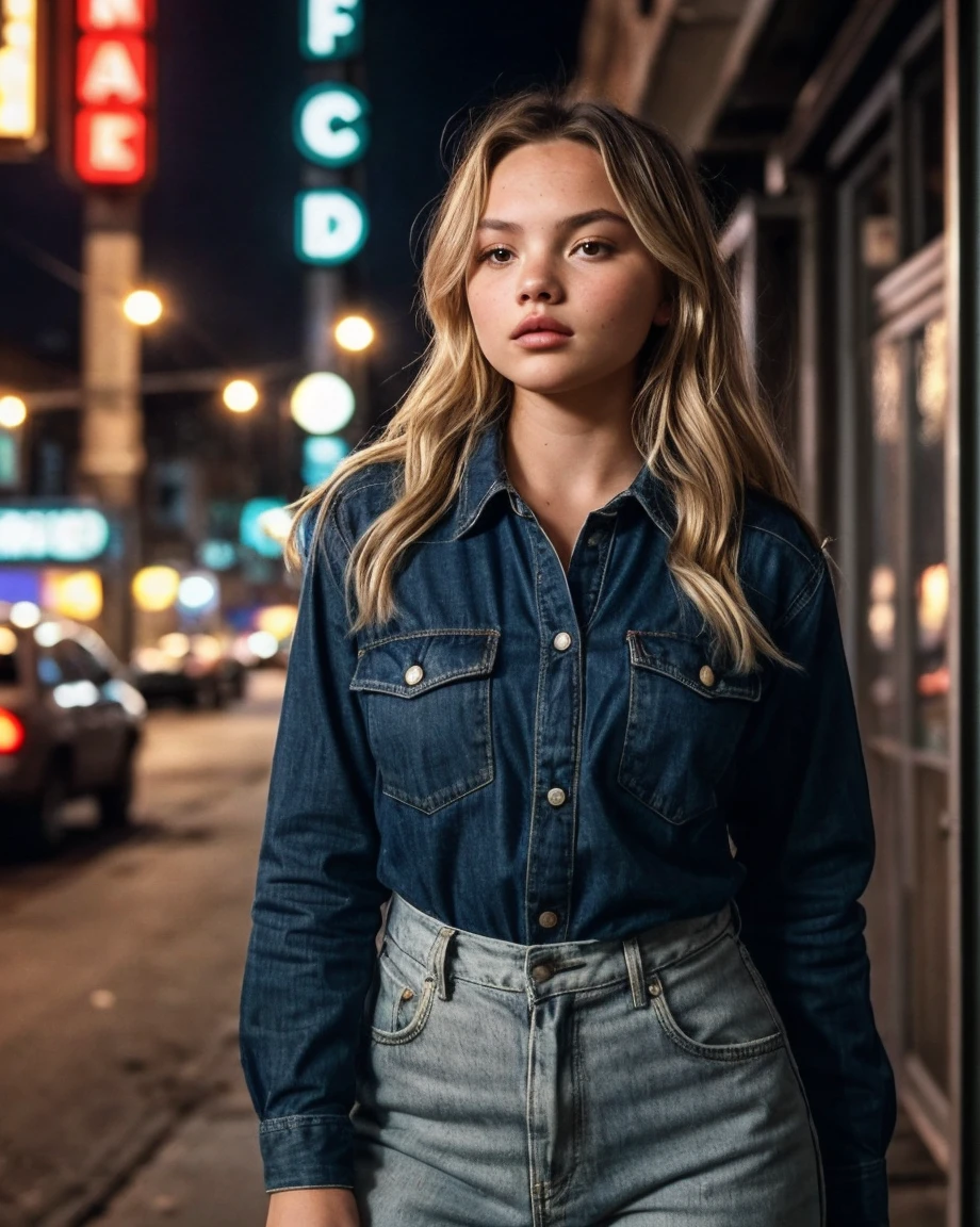 photo of N4t4l13AlynL1nd_HM-135, a woman, perfect hair, (modern photo), wearing button-up shirt, slacks, 85mm medium telephoto (analog, cinematic, film grain:1.3), Dystopian Slums, Gritty urban setting with rundown buildings, neon lights, scavengers, and surveillance systems., detailed eyes, professional pose, (epiCPhoto), (looking at viewer:1.1), (cinematic shot:1.3), (soft style lighting), <lora:add_detail:0.5>