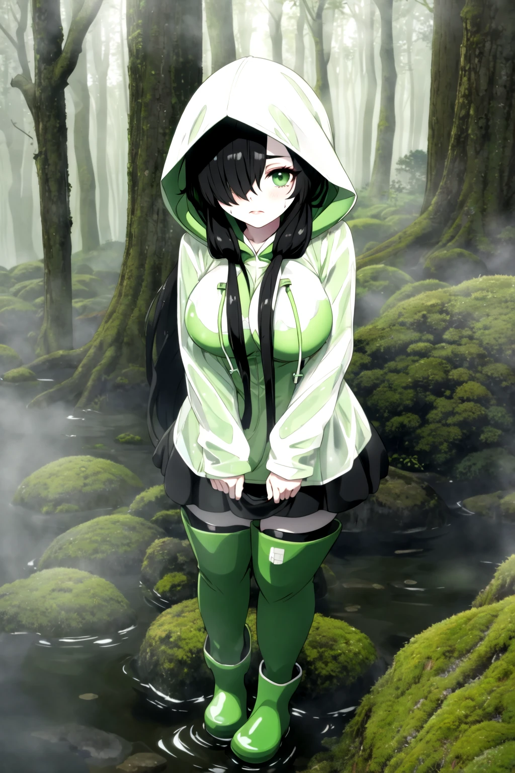 <lora:forest:0.6>, forest, fog, green theme, raincoat, moss, hood up, rubber boots, hair over eye, frown, lips, pale skin, long hair, black hair, wet, large breasts