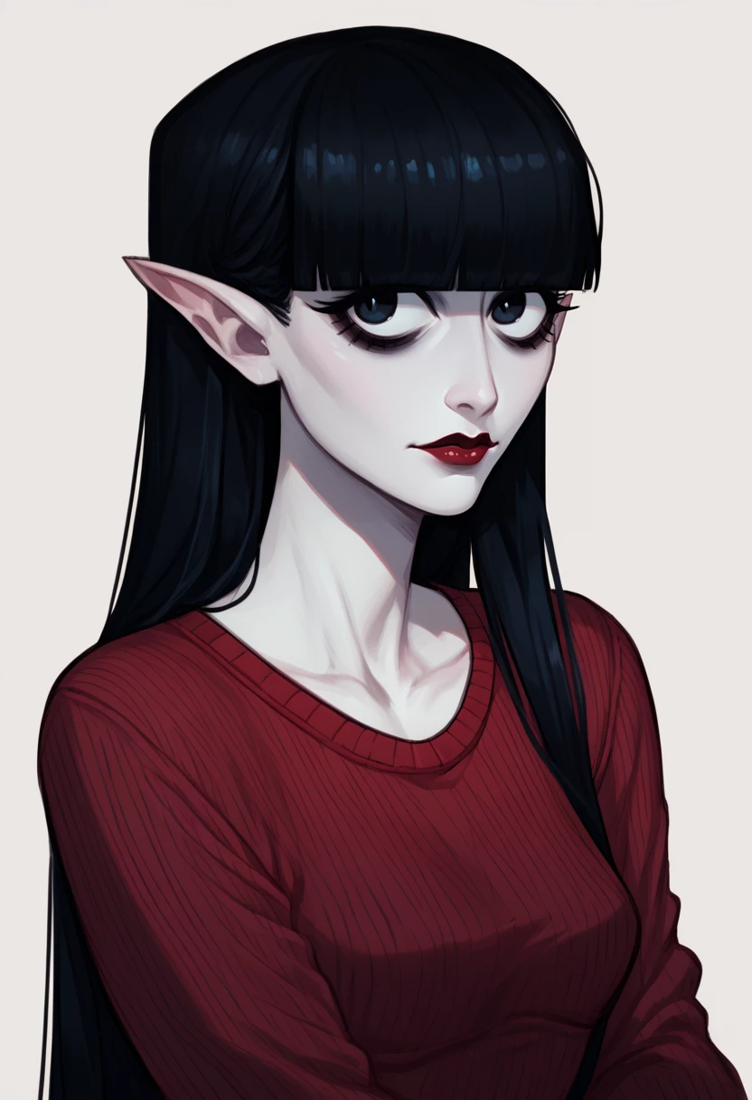 score_9, score_8_up, score_7_up, <lora:countessruby-guy-PON-LyCORIS-Yv1:.9>, countessruby, 1girl, solo, pointy ears, vampire, pale skin, makeup, blunt bangs, sweater, simple background, portrait,