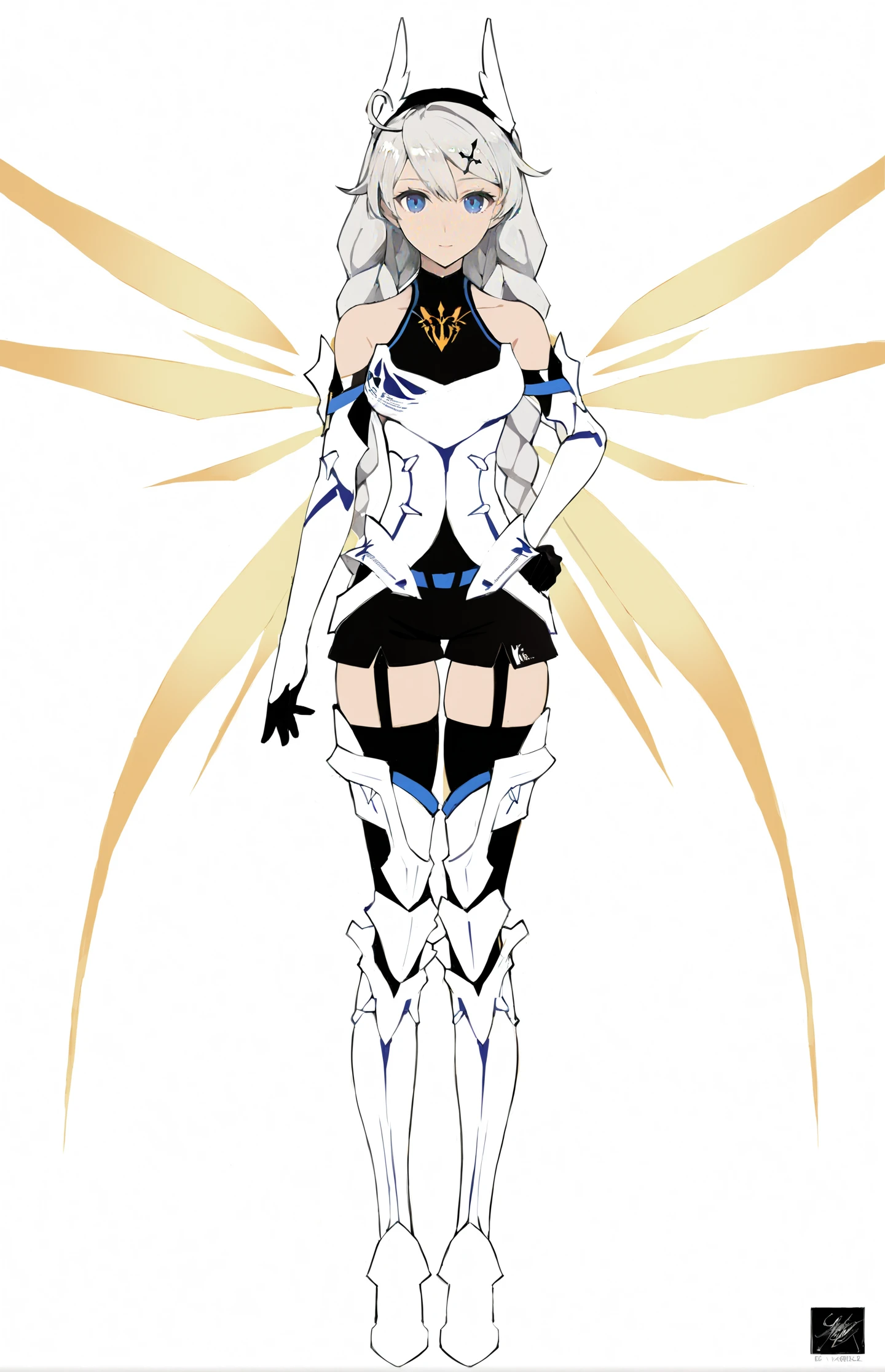 8k, best quality, masterpiece, (ultra-detailed:1.1), (high detailed skin),
(full body), white background, standing, looking at viewer, (solo), hand on hip,
<lora:kiana-young-A3-Tanger-000011:0.7>,kiana kaslana, yueguang, 3rd clothes, 1girl, blue eyes, long hair, braid, thighhighs, boots, bangs, hair ornament, bare shoulders, twin braids, energy wings, elbow gloves,
(beautiful_face), ((intricate_detail)), clear face,
((finely_detailed)), fine_fabric_emphasis,
((glossy)), full_shot,