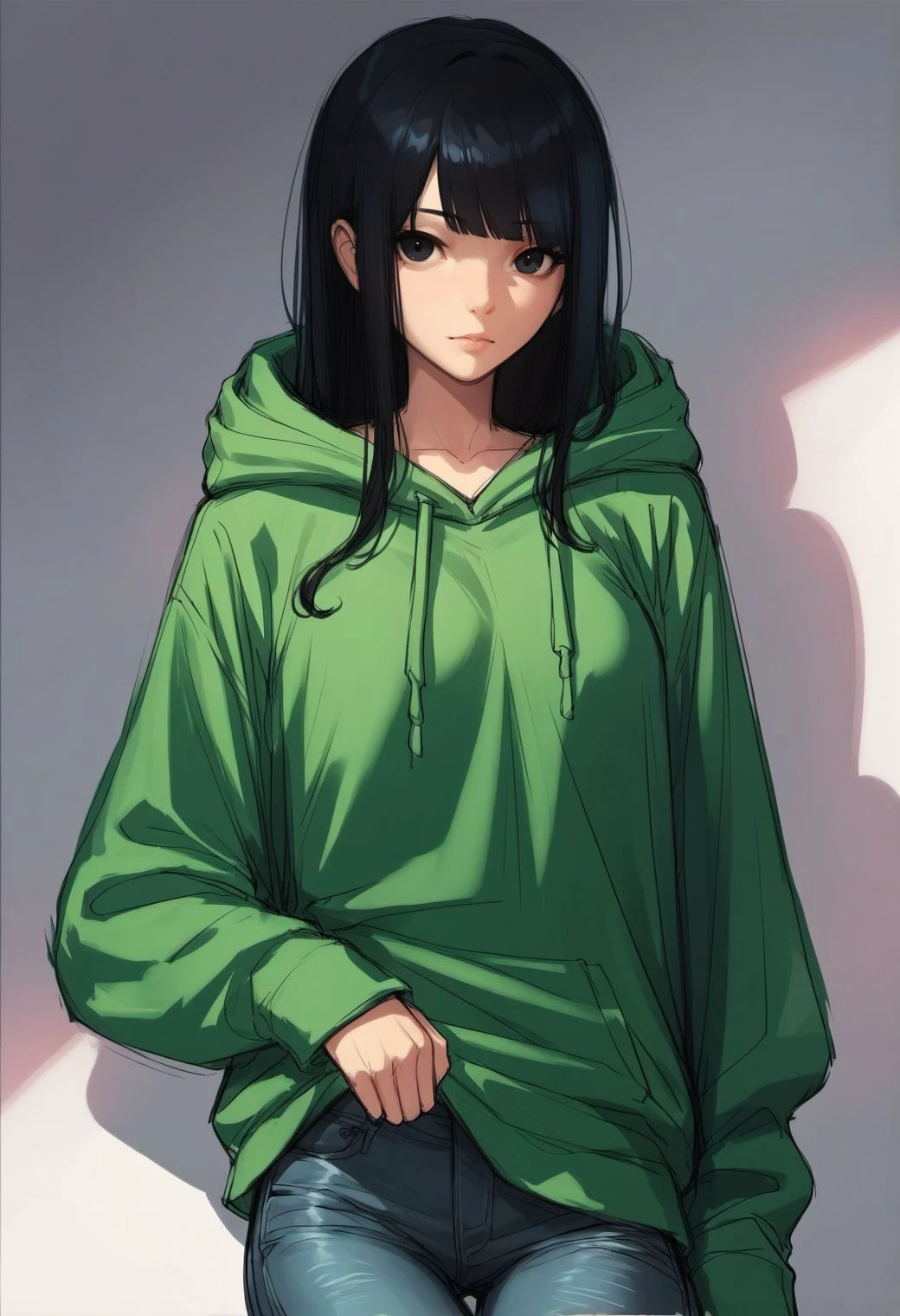 score_9, score_8_up, score_7_up, score_6_up, sketch,
m0sha style, 1girl, solo, long hair, bangs, black hair, black eyes, green oversized hoodie, hood up, jeans,
<lora:mosha style v1:0.8>,
<lora:fix_hands:1.5>