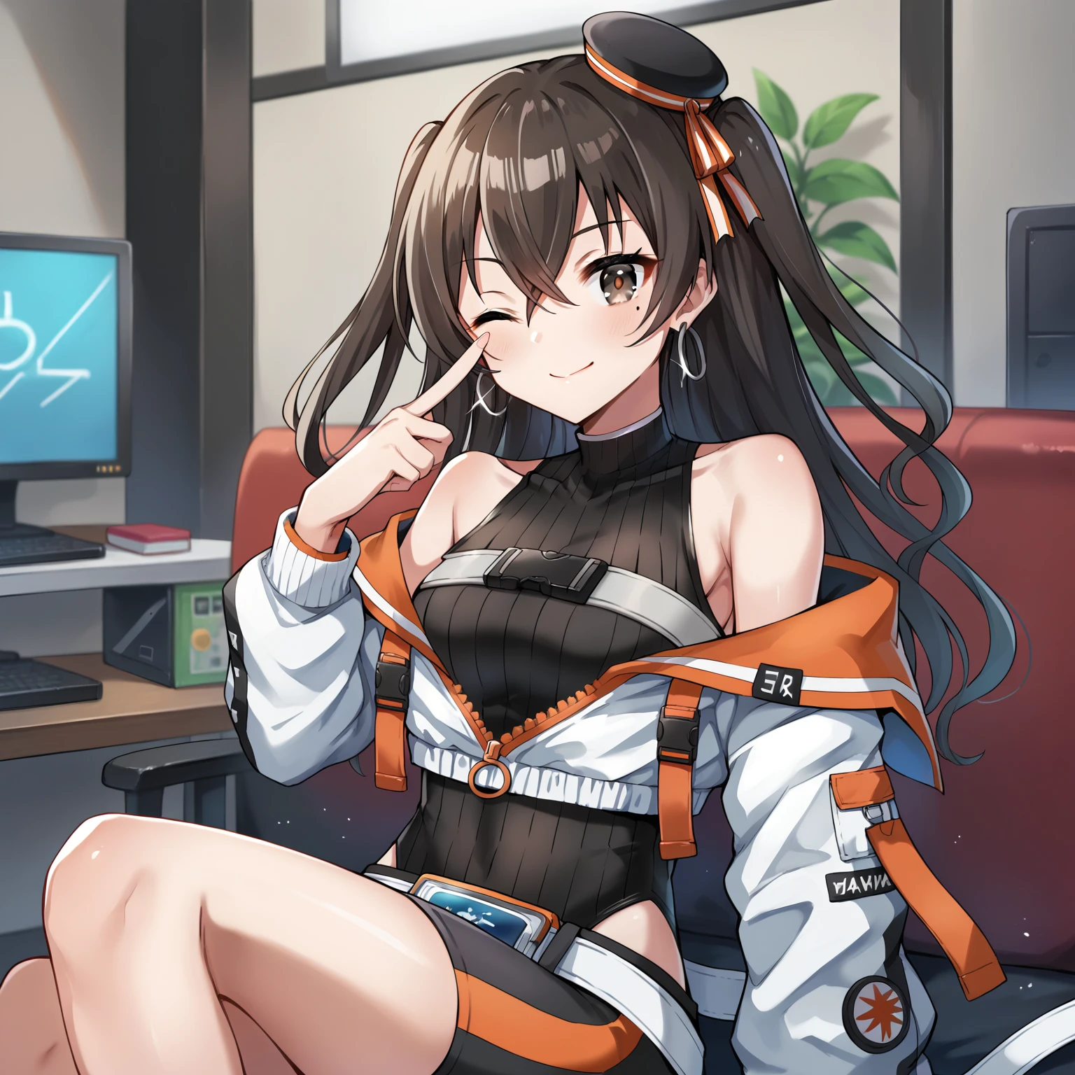 score_9, score_8_up, score_7_up, masterpiece, best quality, source_anime, <lora:AkirachanXL-22:0.7>, Akirachan, c_LiveOnline, mini hat, black hair, long hair, two side up, crossed bangs, mole under eye, hoop earrings, cropped jacket, black leotard, pencil skirt, white belt, brown eyes, sitting, blush, smile, index finger raised, wink, one eye closed, solo, indoors,