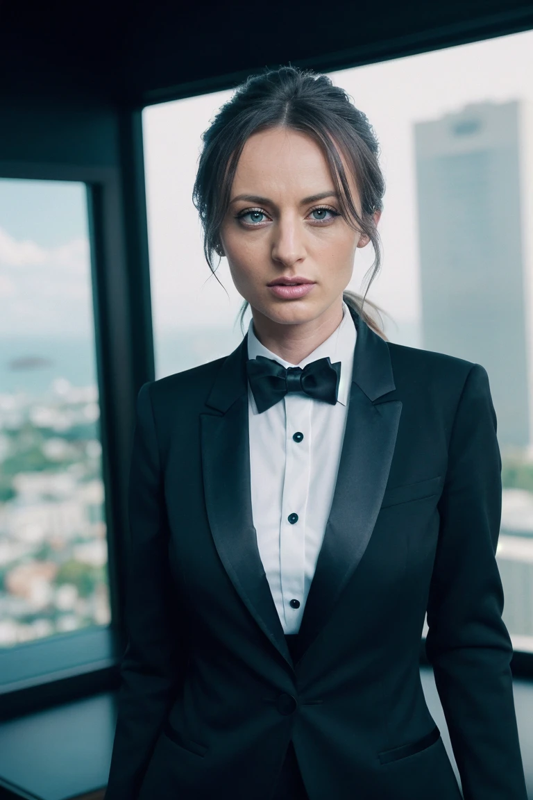 photo of N4t4sh4St4rr_HM-135, a woman, perfect hair, (modern photo), wearing tuxedo, 28mm medium telephoto (analog, cinematic, film grain:1.3), Virtual Reality World, Digital realm with vibrant landscapes, floating islands, fantastical creatures, and avatars., detailed eyes, professional pose, (epiCPhoto), (looking at viewer:1.1), (cinematic shot:1.3), (hard style lighting), OverallDetail