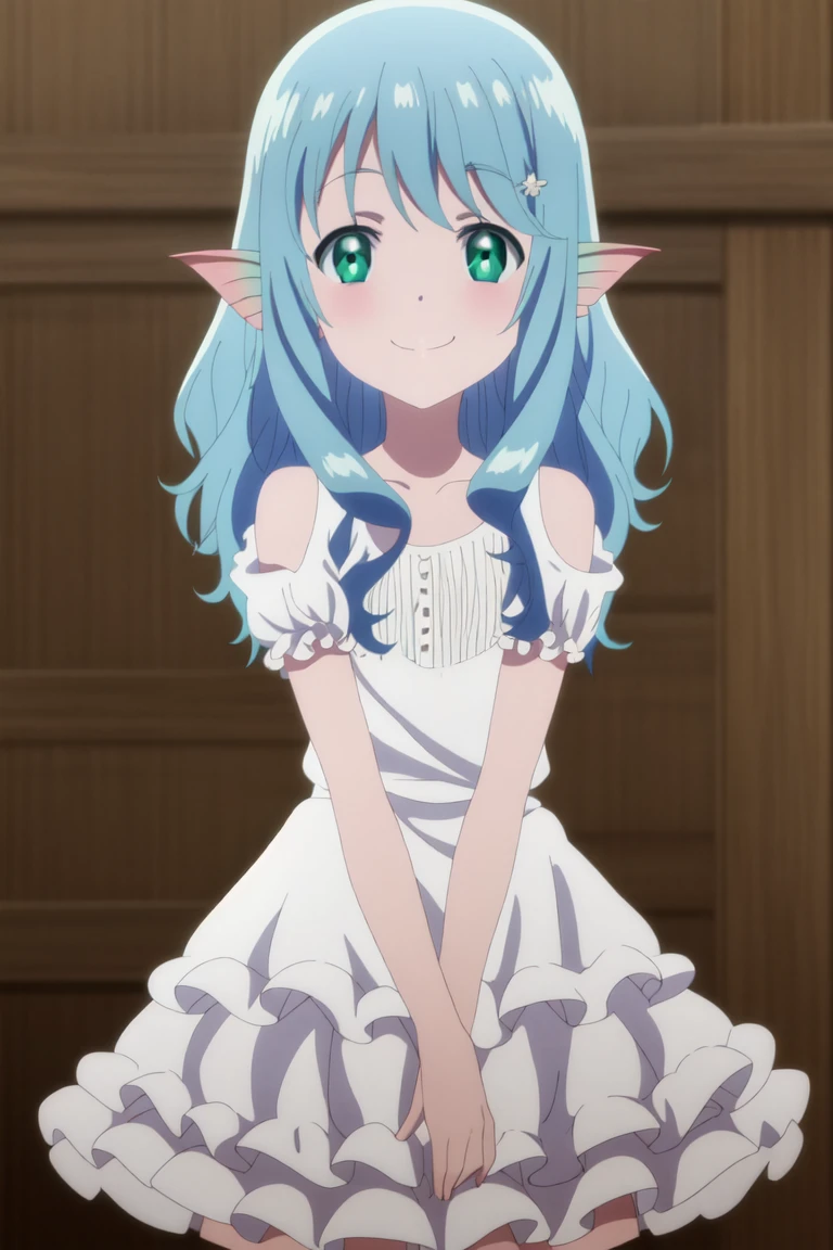 8k, masterpiece, absurdres, anime, 1girl, solo, long hair, hair ornament, dress, green eyes, blue hair, pointy ears, white dress, <lora:SD 1.5 Myu :1>
smile,