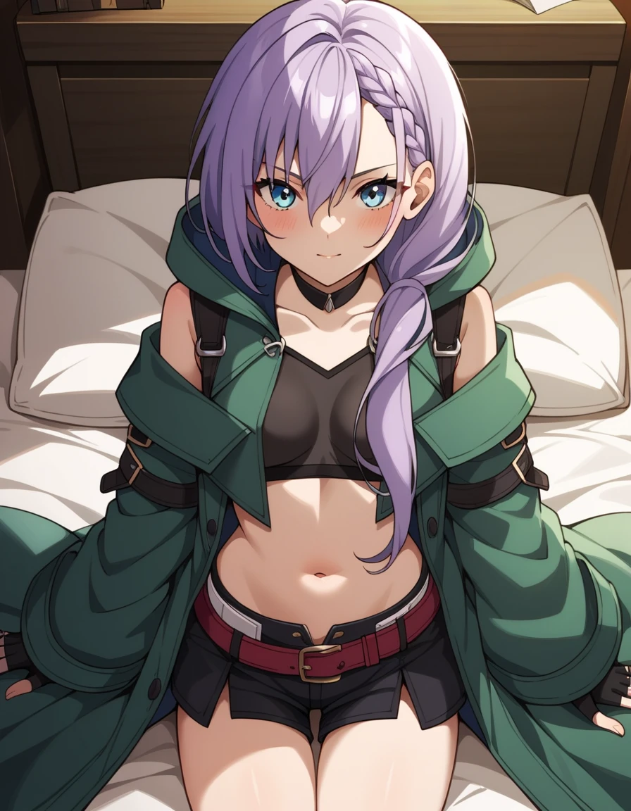 score_9, score_8_up, score_7_up, source_anime, uncensored, <lora:StS_detail_slider_v1:3>, zPDXLxxx, <lora:Luna_PONYXL_VexVexX:1>, Luna, blue eyes, purple hair, long hair, braid, hair over shoulder, hair between eyes, bangs, small breasts, coat, green coat, hooded coat, shoulder cutout, long sleeves, shorts, short shorts, black shorts, midriff, belt, fingerless gloves, black gloves, cowboy shot, bedroom, from above, Sumo squat with feet wide apart and toes pointed outwards, hands resting on thighs, thighs, looking at viewer