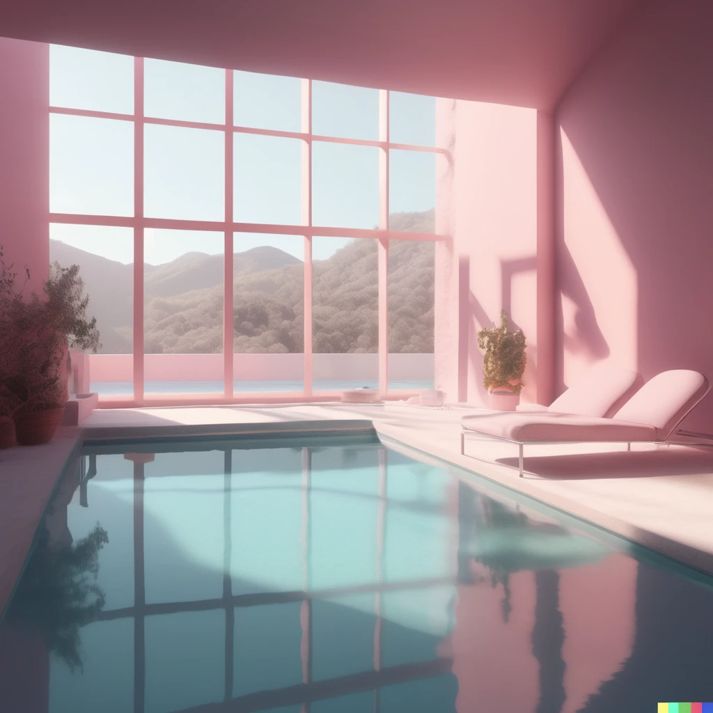 A sunlit indoor lounge area with a pool with clear water and another pool with translucent pastel pink water, next to a big window, digital art