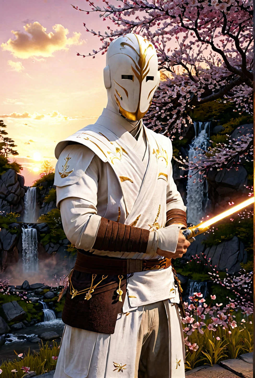 male holding lightsaber, standing, fighting position, white mask, gold patterns, rtx, field of view, singular lightsaber, cherry blossom tree, japanese scenery, waterfall, pink flowers, sunset
 cinematic masterpiece, slow motion, 7-TempleGuard, accurate clothing, detailed white cloth, gold embroiled
[reflections, realistic lighting, light rays, beams of light, realistic, high quality photo, 4k]
  <lora:Temple Guard v1.0:0.9> <lora:add-detail-xl:0.5> <lora:xl_more_art-full_v1:0.4>