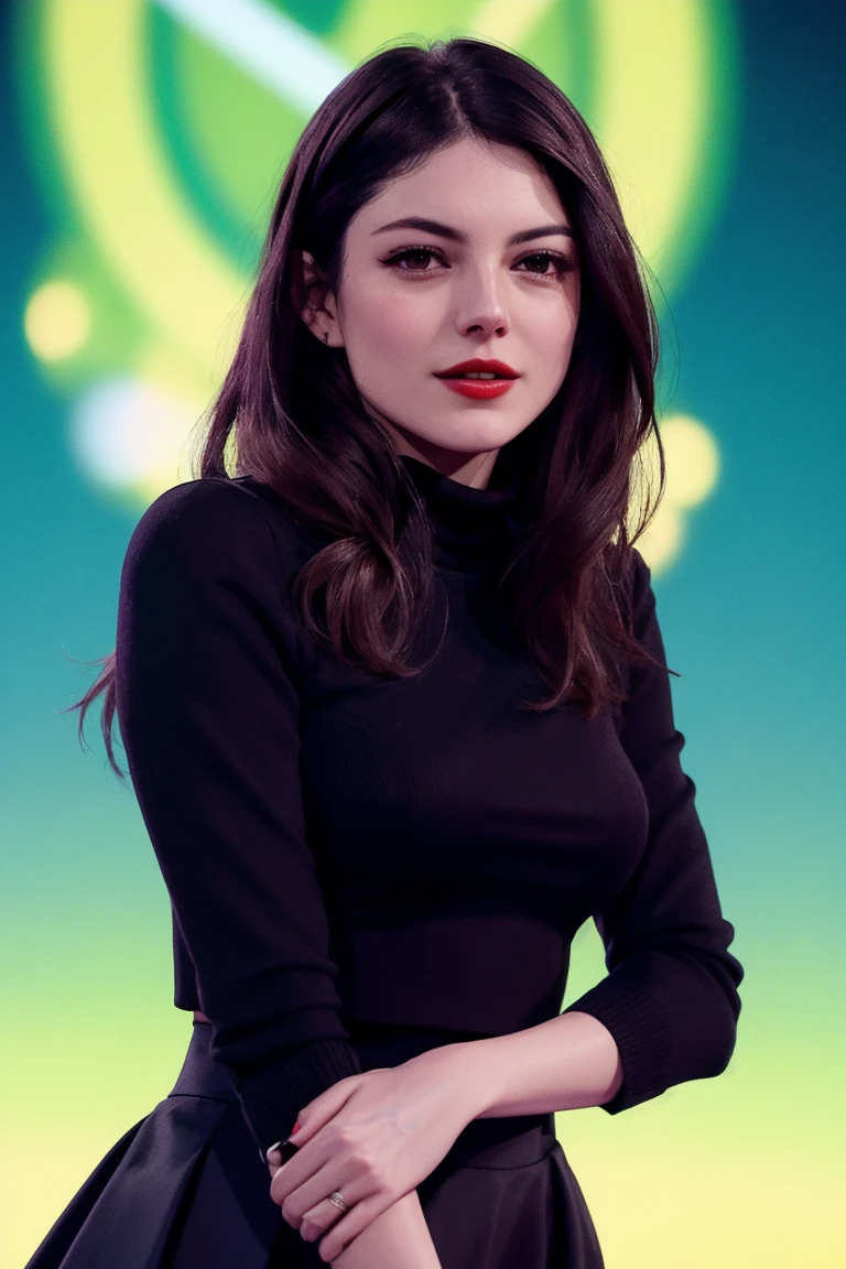 monbarb:0.99,((detailed eyes, detailed face):1.2), ((red lipstick, blush)), , photo of a woman, ,beautiful picture, fully clothed, turtleneck sweater, skirt, thighhighs, outside, carnival, festival, sunset, detailed, ,walking
