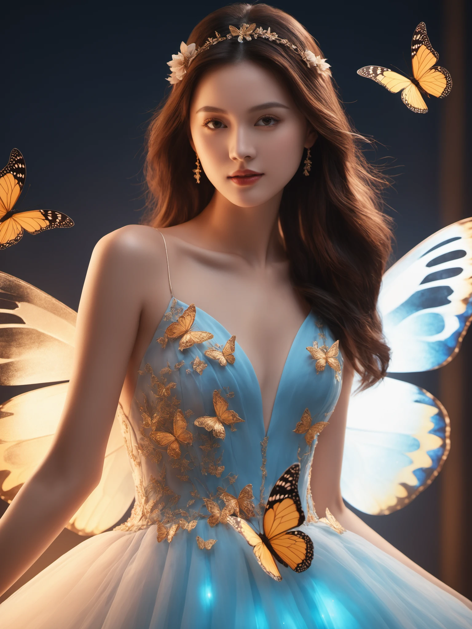 A girl wearing ,glowing butterflies gown dress,fantacy, ,cinematic, photography, hyper detailed, trending on artstation, sharp focus, studio photo, intricate details, highly detailed,detailed face, detailed, (ultra hd,) ,photo real,, (best quality:1.3)