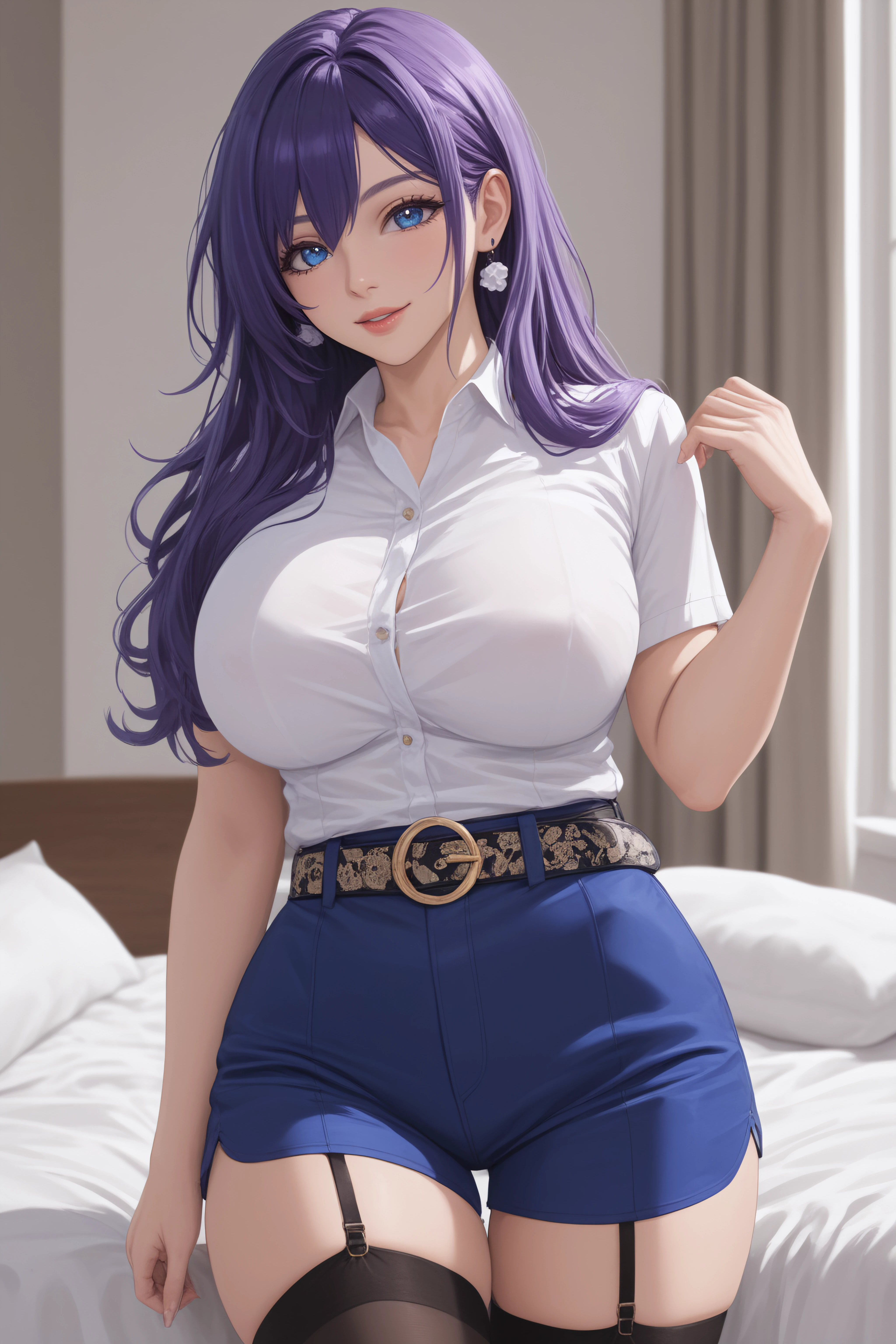 score_9, score_8_up, score_7_up, BREAK source_anime, <lora:rei suzukawa-PonyXL-lora-Faxtron:0.8> rei suzukawa, blue eyes, purple hair, long hair, white scrunchie, large breasts, white shirt, blue shorts, belt, black thighhighs, garter straps,