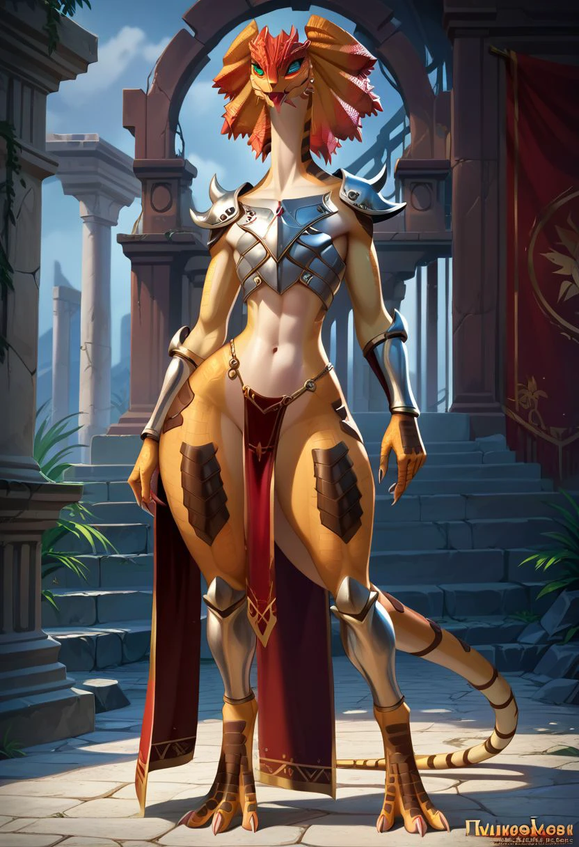 score_9, score_8_up, score_7_up, score_6_up, score_5_up, score_4_up, source_furry, detailed background, 1girl, solo, Lizard, scale, tail, lizard eyes, huge hips, teasing, undresses, half naked, removes armor, ruins