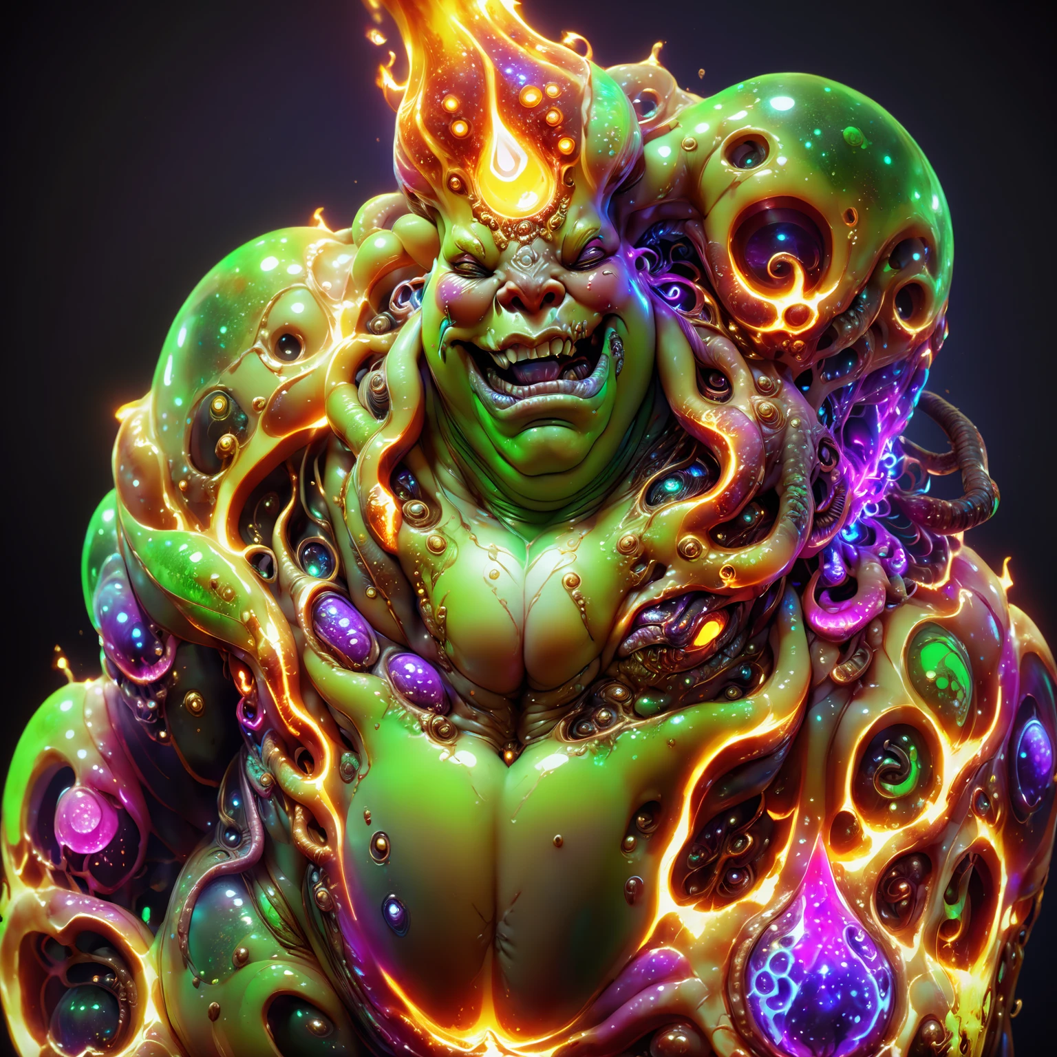 <lora:aiai-DiscoFire-XL1-v1-captions:0.75> aiai-DiscoFire style extremely detailed nurgle, obese body oozing slime, decay, toxic sludge, corruption, green neon color with pink and purple highlights, warhammer chaos deity,  character design by jack davis and hr giger, unique and immersive vibe, internal illumination, hyperrealism, lucid, high quality, 8K Ultra HD, masterpiece, best quality