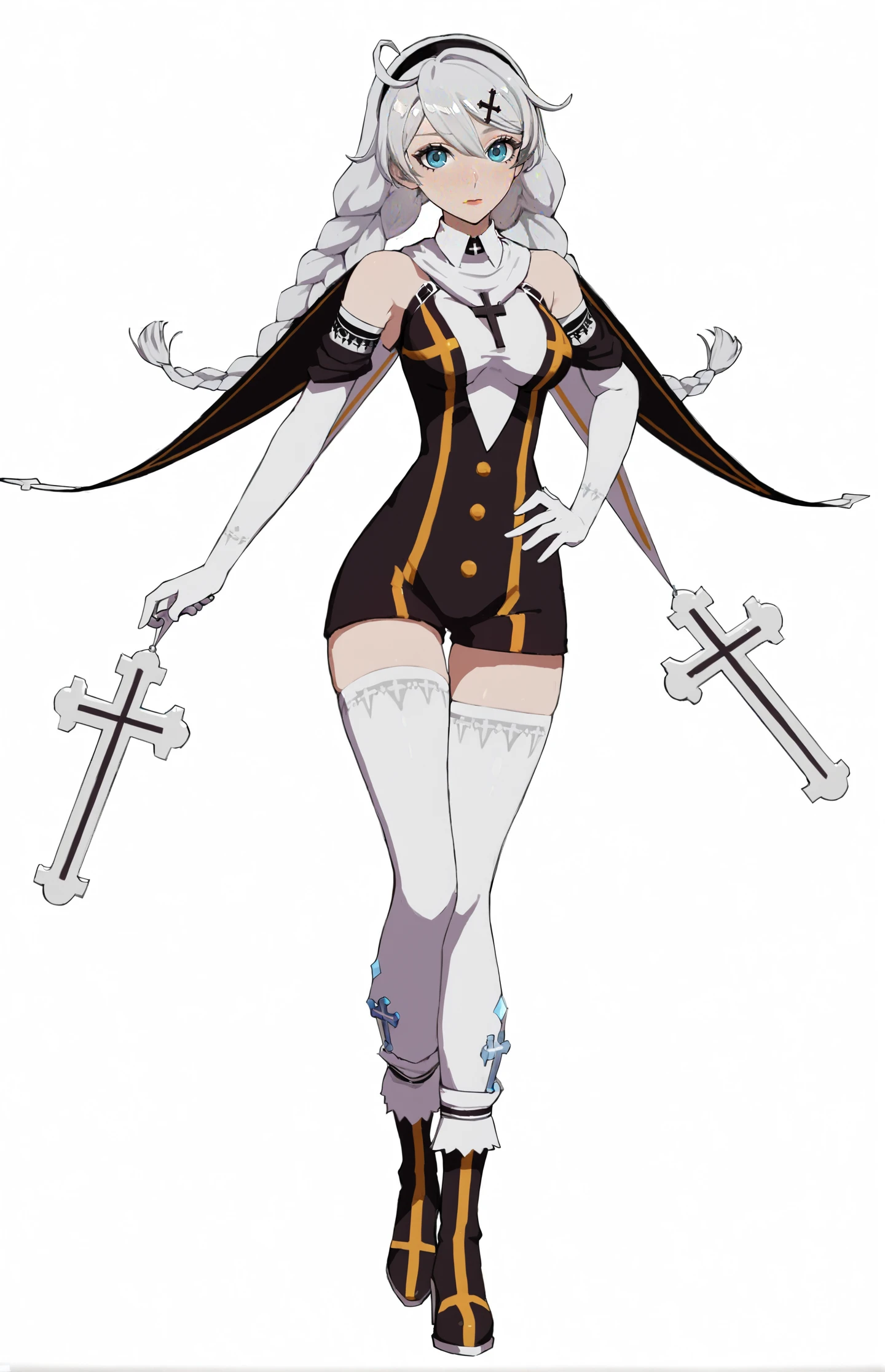 8k, best quality, masterpiece, (ultra-detailed:1.1), (high detailed skin),
(full body), white background, standing, looking at viewer, (solo), hand on hip,
<lora:kiana-young-A3-Tanger-000011:0.7>, kiana kaslana, shennv, 8th clothes, 1girl, nun, braid, twin braids, bare shoulders, bangs, boots, white thighhighs, gloves, hair ornament, long hair,
(beautiful_face), ((intricate_detail)), clear face,
((finely_detailed)), fine_fabric_emphasis,
((glossy)), full_shot,