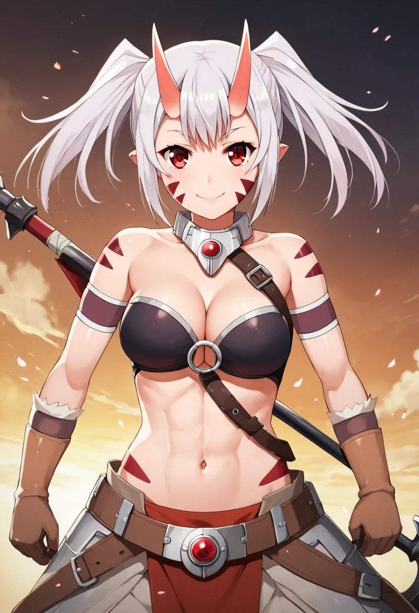 PonyXLV6_Scores,source_anime,masterpiece,best quality, highly detailed,cinematic,unity 8k wallpaper, amazing quality, masterpiece, best quality,  UHD, perfect anatomy,
BREAK
<lora:mimi:0.8>mimi, twintails,white hair,  1girl, horns, solo, colored skin, breasts, smile, red eyes, navel, gloves, oni, looking at viewer, medium breasts, tattoo, weapon, oni horns, cleavage, pointy ears, o-ring top, facial mark, o-ring