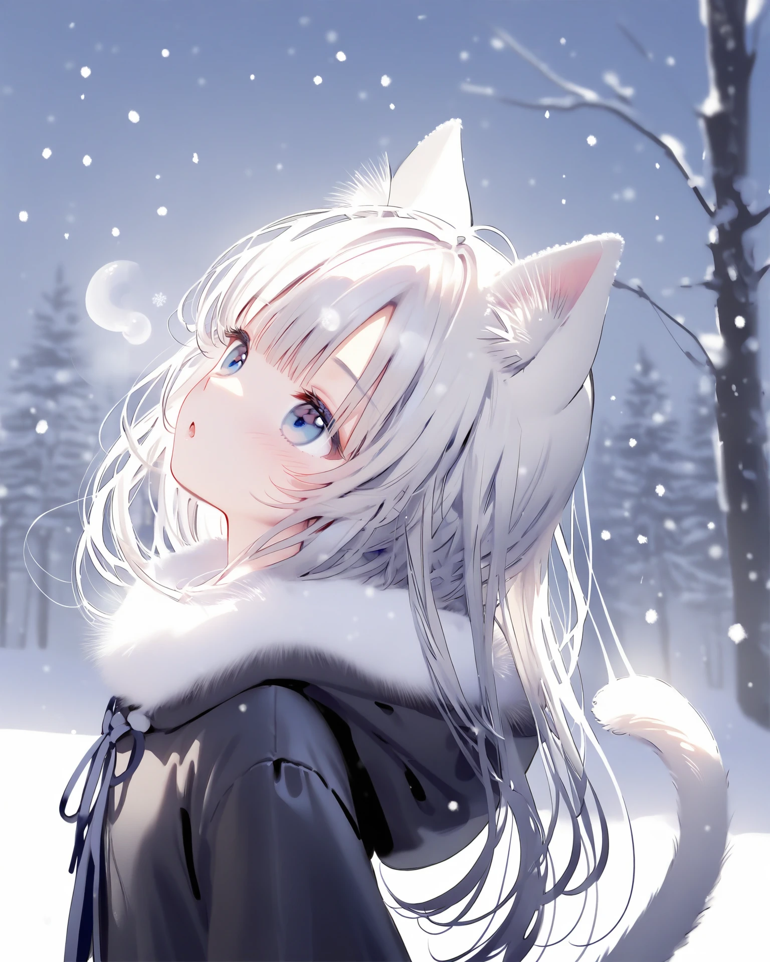 <lora:R-Anime-Sytle-Add-prune_LoRA:0.8>,Best-A,(colorful:1.1),(Hidden_style:1.2),(Artist:jima:1.2),guo_jiang_mullay,(Hidden_style:0.7),torino_aqua,wlop,nai3_sytle,
1girl, animal ears, tail, blue eyes, solo, cat tail, cat ears, cat girl, white hair, hood, long hair, animal ear fluff, hood down, outdoors, snow, blush, parted lips, upper body, tree, snowing, winter, snowflakes, fur trim, breath, looking up, hooded jacket, from side