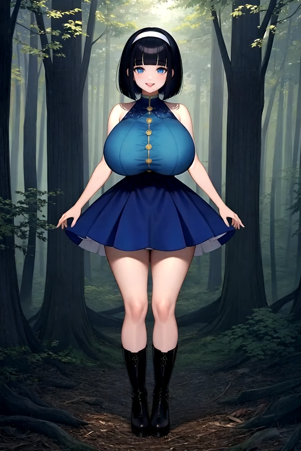 <lora:forest:0.6>, forest, bob cut, huge breast, smile, lips, black hair, hairband, blue eyes, blunt bangs, blue dress, sleeveless dress, full body, black boots