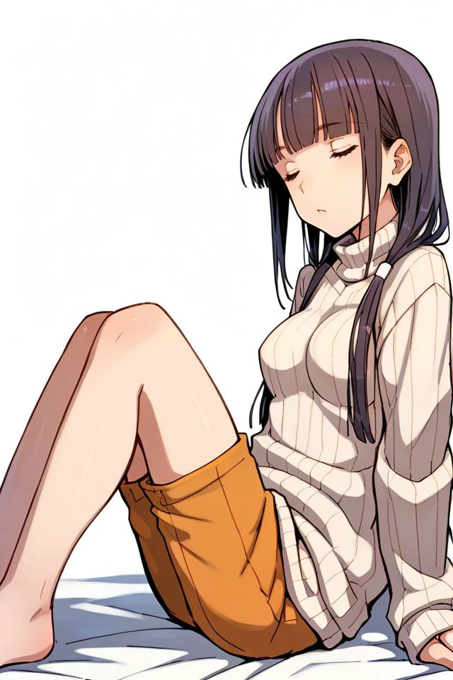 score_7_up, 1girl, solo, 1girl, solo, breasts, blunt_bangs, knees_together_feet_apart, closed_eyes, ribbed sweater,  <lora:Shizuma_Yoshinori_PonyXL_style_v01:1>