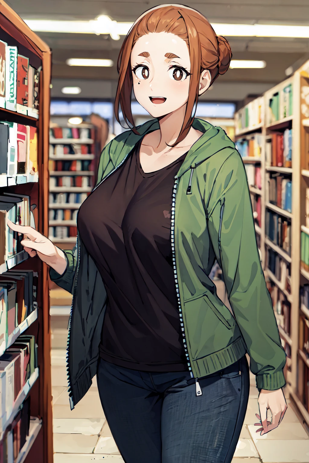 (masterpiece), (best quality), (beautiful eyes and face), (perfect female body), 
<lora:sumireko ogawa:0.8>,
looking at viewer, cowboy shot, 
sumireko ogawa, mature female, brown hair, single hair bun, forehead, thick eyebrows, brown eyes, bright pupils, white pupils, mole under eye, 
large breasts, 
black shirt, green jacket, open jacket, pants,    
smile, open mouth, 
standing, 
bookstore,