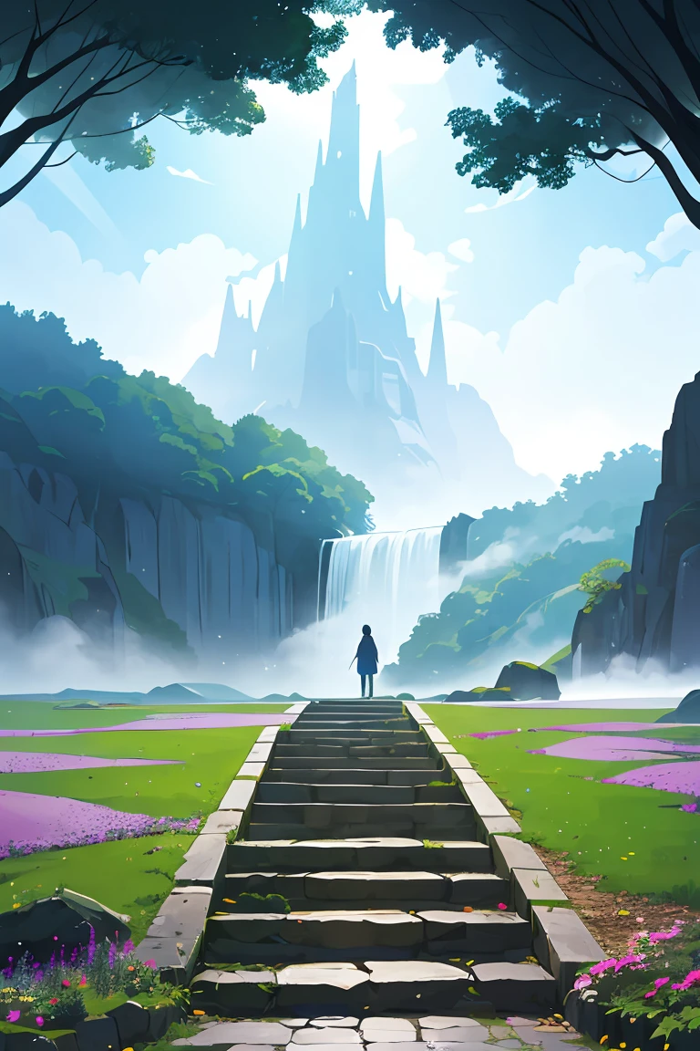 flat vector art,vector illustration, masterpiece,best quality,Minimalism,Photo taken from a distance on the path leading to the waterfall, blossoming path to heaven, Beautiful and mysterious, Beautiful fece, Beautiful images ever created, magical landscape, Glowing swirling mist, Truly beautiful nature, magical colors and atmosphere, Very beautifullyãEthereal, course, magical colors and atmosphere, very magical and dreamy, stairway to heaven, amazing wallpapers