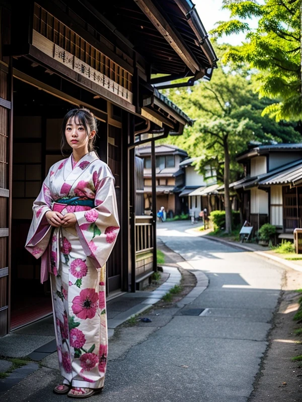 <lora:add_detail:0.25>(realistic, photo-realistic:1.3), ultra-detailed, (realistic skin),
1girl, 27yo japanese female, standing, japanese kimono clothes,
<lora:JPN_edo-cityscape:0.6> outdoors, japanese building, on dirt road, willow tree