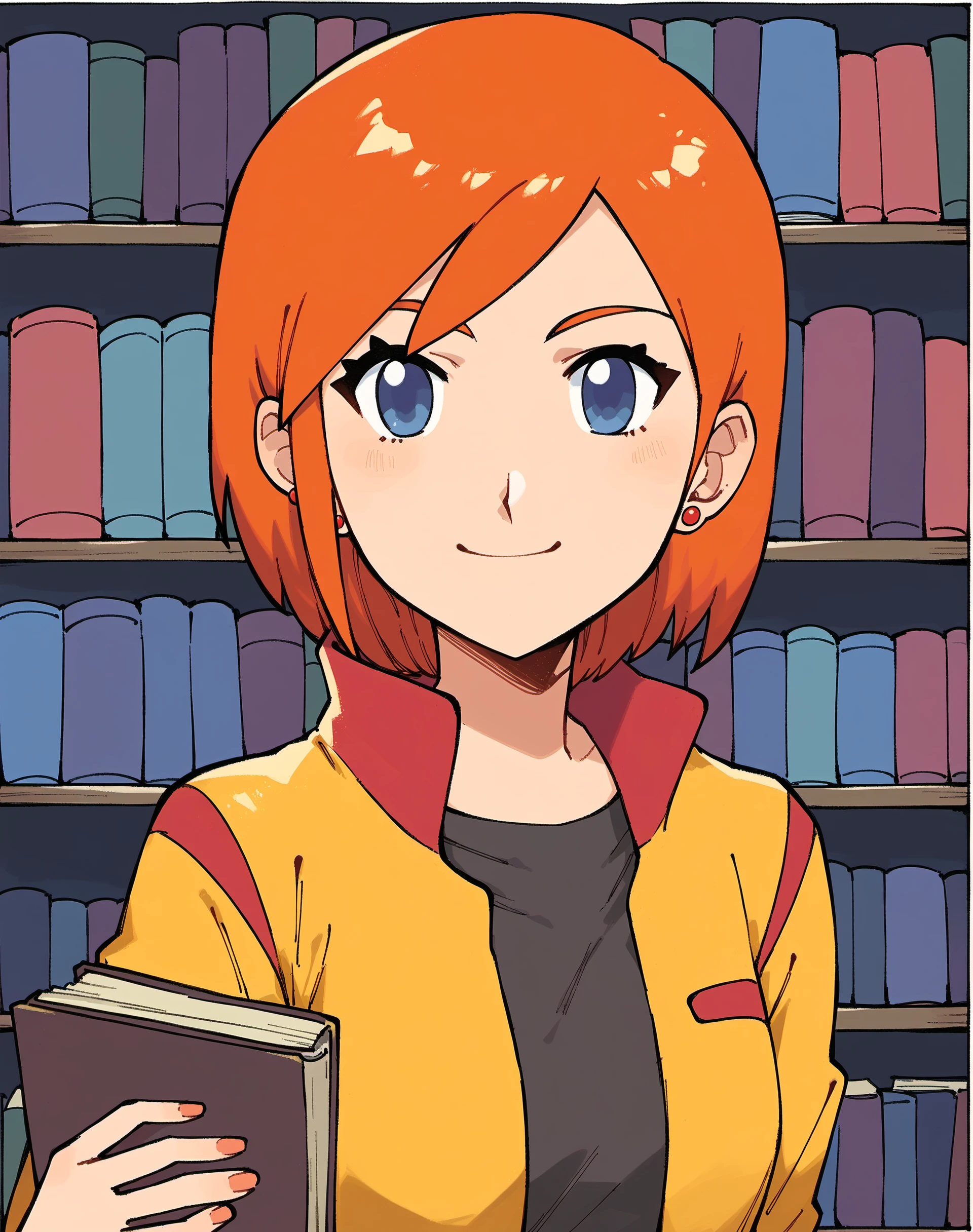 score_9, score_8_up, score_7_up, score_6_up,
BREAK
lunaMWS, 1girl, upper body, blue eyes, orange hair, short hair, swept bangs, looking at viewer, small breast, happy, light smile
BREAK
yellow jacket, black shirt, portrait, red earrings
BREAK
library, book, bookshelf   <lora:Luna_PlanetSurvival-000009:1>