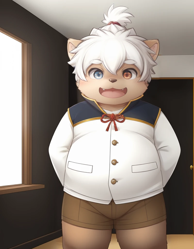 (((detailed eyes, detailed face))), (furry, masashi <lora:character_masashi_findigo_v1:0.9>, two-tone fur, white hair, dog boy, snout, (heterochromia, blue eyes:1.8)), male, (solo), (plump, fat, chubby, overweight), (white shirt, brown shorts), standing, (arms behind back), smile, (front view) BREAK (konzaburou, ukan_muri), bedroom, (flat shading, high brightness), 8k, UHD, masterpiece, (full body)