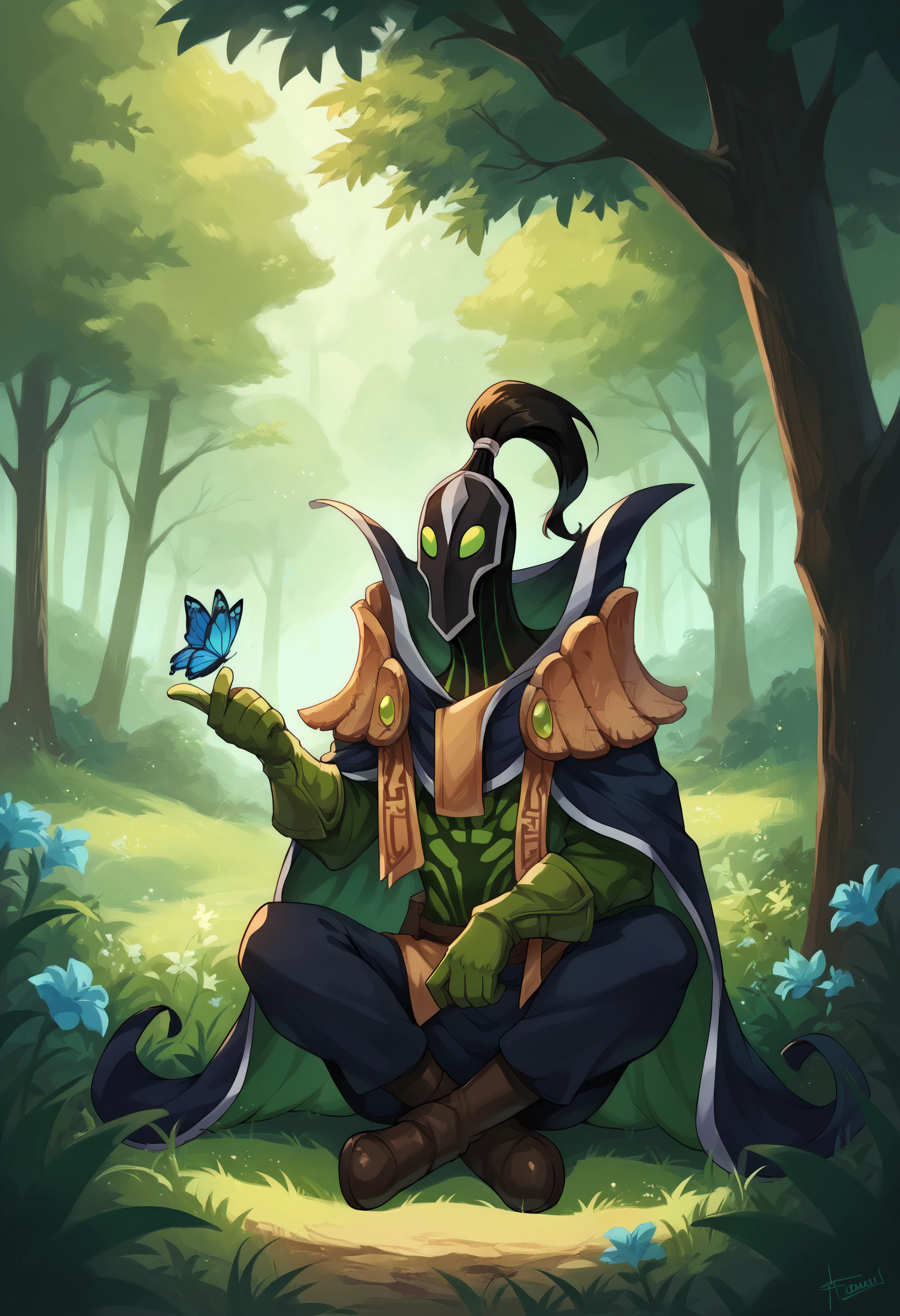 score_9, score_8_up, score_7_up, score_6_up, score_5_up, score_4_up, BREAK, 1boy, rubickpdxl, mask, ponytail, cloak, green eyes, shoulder armor, gloves, green gloves, full body, forest, nature, flowers, butterfly on finger, happy, floating, cross legged, sitting, open hand, <lora:RubickTheGrandMagus:0.85> <lora:epic_anime_scenery_v0_1:0.7>