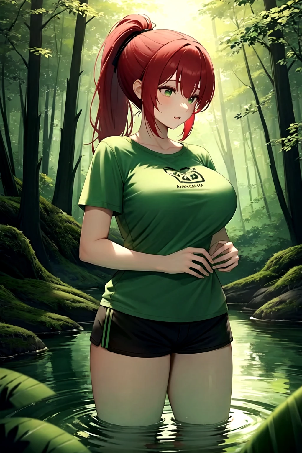 <lora:forest:0.6>, forest, moss, green theme, wading, river, black shorts, large breasts, t-shirt, red hair, ponytail