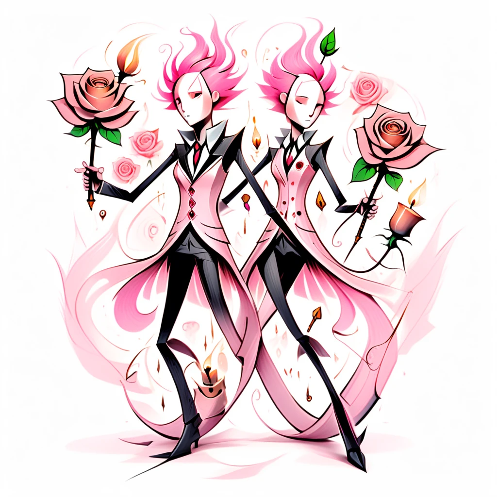 artwhmsy2, tail, clenched hands, dual wielding, multiple others, candle, black skin, rose, pink hair, suit, boots