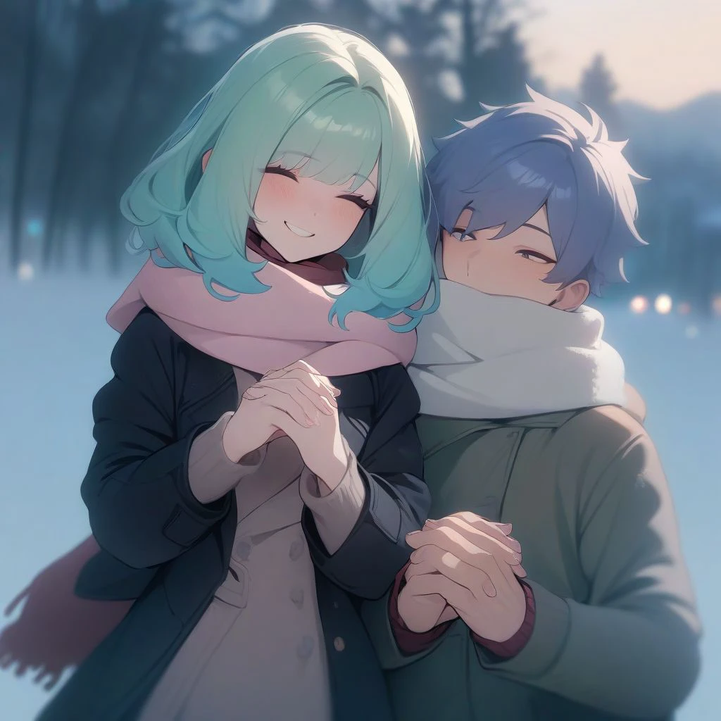 pastel, masterpiece, best quality, aesthetic, high quality, 1girl, 1boy, green hair, blue hair, hands together, holding hands, smile, scarf, jacket, winter, outdoors,