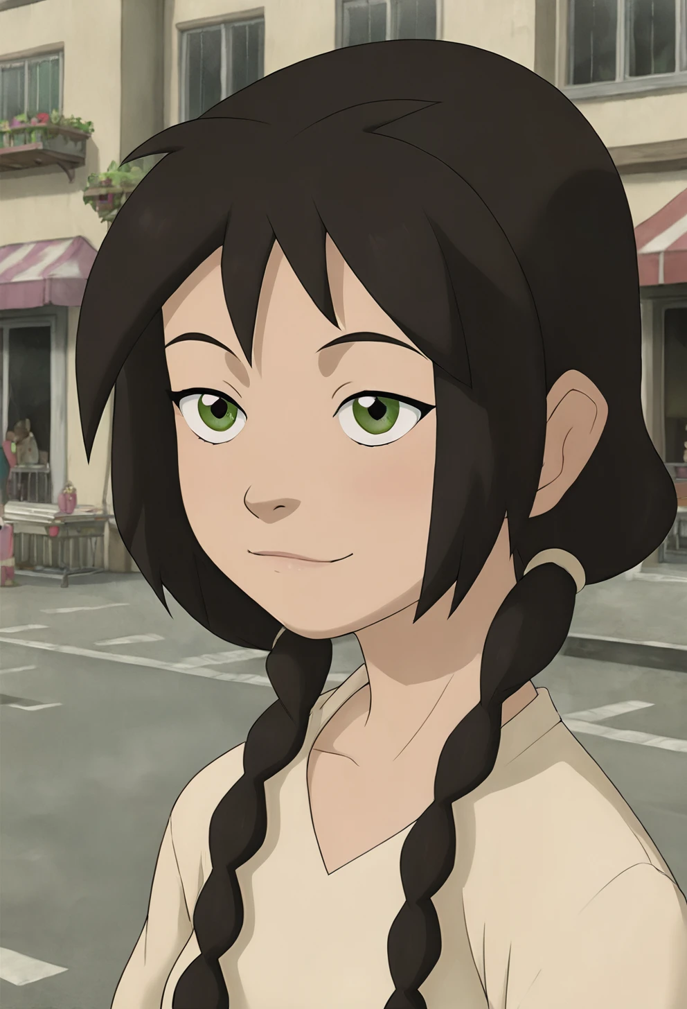 score_9, score_8_up, score_7_up,1girl,source_anime,jinAvatar ,dark hair,green eyes,twin braids,detailed face,detailed eyes,masterpiece,best quality,<lora:jinAvatar (3):1> wearing a miniskirt, streets city