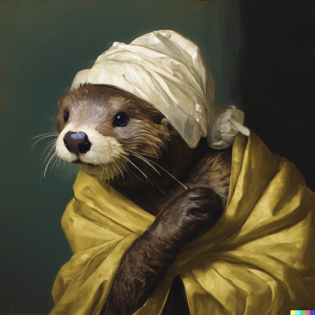 expressionist "A sea otter with a pearl earring" by Johannes Vermeer . raw, emotional, dynamic, distortion for emotional effect, vibrant, use of unusual colors, detailed