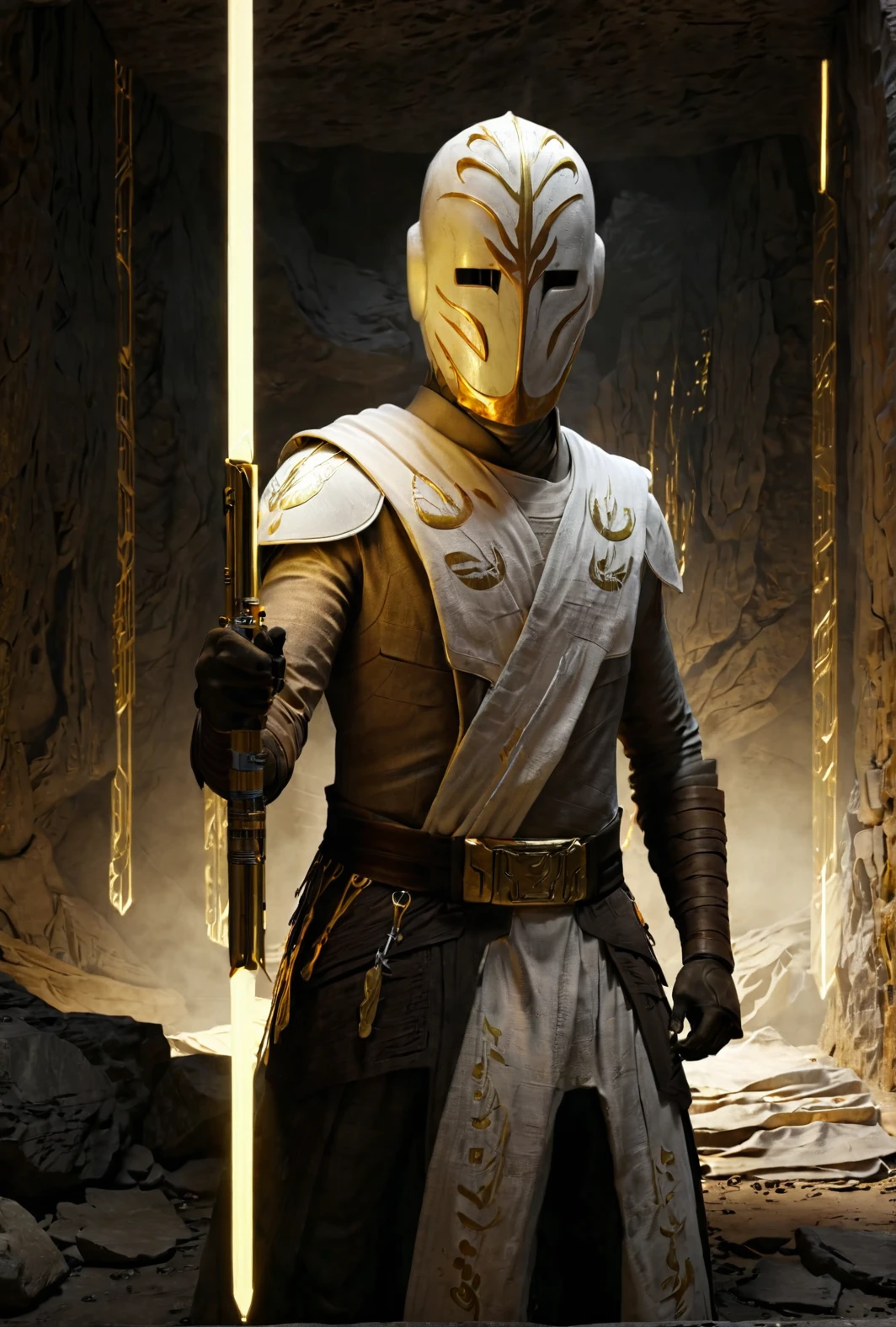 male holding lightsaber, standing, fighting position, white mask, gold patterns, rtx, field of view, singular lightsaber, darkness all around, inside cave
 cinematic masterpiece, slow motion, 7-TempleGuard, accurate clothing, detailed white cloth, gold embroiled
[reflections, realistic lighting, light rays, beams of light, realistic, high quality photo, 4k]
  <lora:Temple Guard v1.0:0.9> <lora:add-detail-xl:0.5> <lora:xl_more_art-full_v1:0.4>