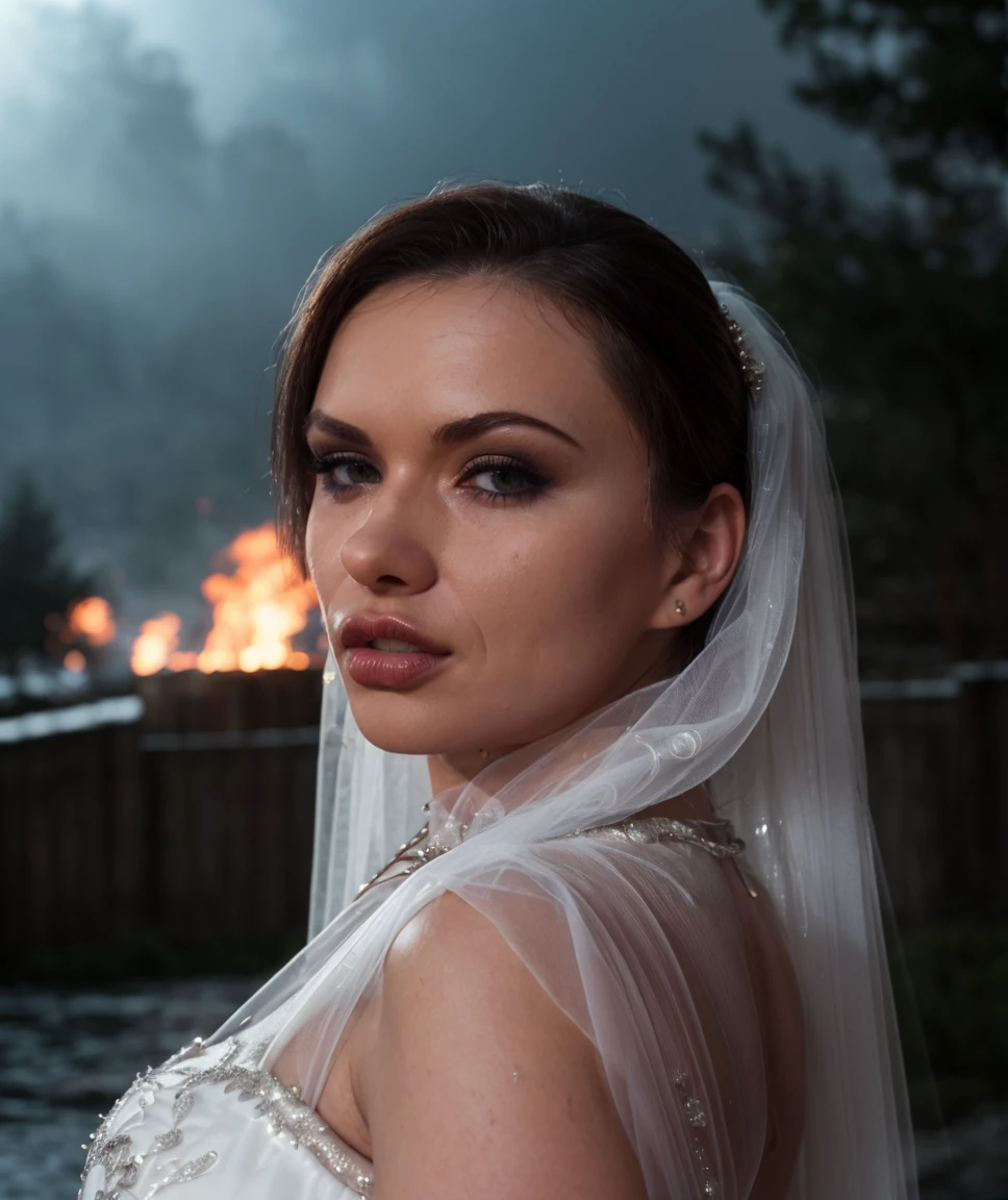 cinematic photo  , award winning photo,   <lora:quiron_KatjaKassin_v4330_Lora:0.87> katjaKassinQuiron, solo, realistic, lips, looking at viewer, wedding dress , arm support, , fog, explotion, fire, lighting,  , scenery,  impossible clothes, action scene, highly detailed background, keyvisual,  Dappled Light,  sidelighting, best shadow, RAW, (Dutch angle), wet clothes, outdoor,  rain, pouring rain,  ,  (sultry flirty look),    elegant, highly detailed, intricate, sharp focus, depth of field, f/1. 8, 85mm, medium shot, mid shot, (centered image composition), (professionally color graded), (bright soft diffused light), volumetric fog, trending on instagram, trending on tumblr, hdr 4k,  . 35mm photograph, film, bokeh, professional, 4k, highly detailed