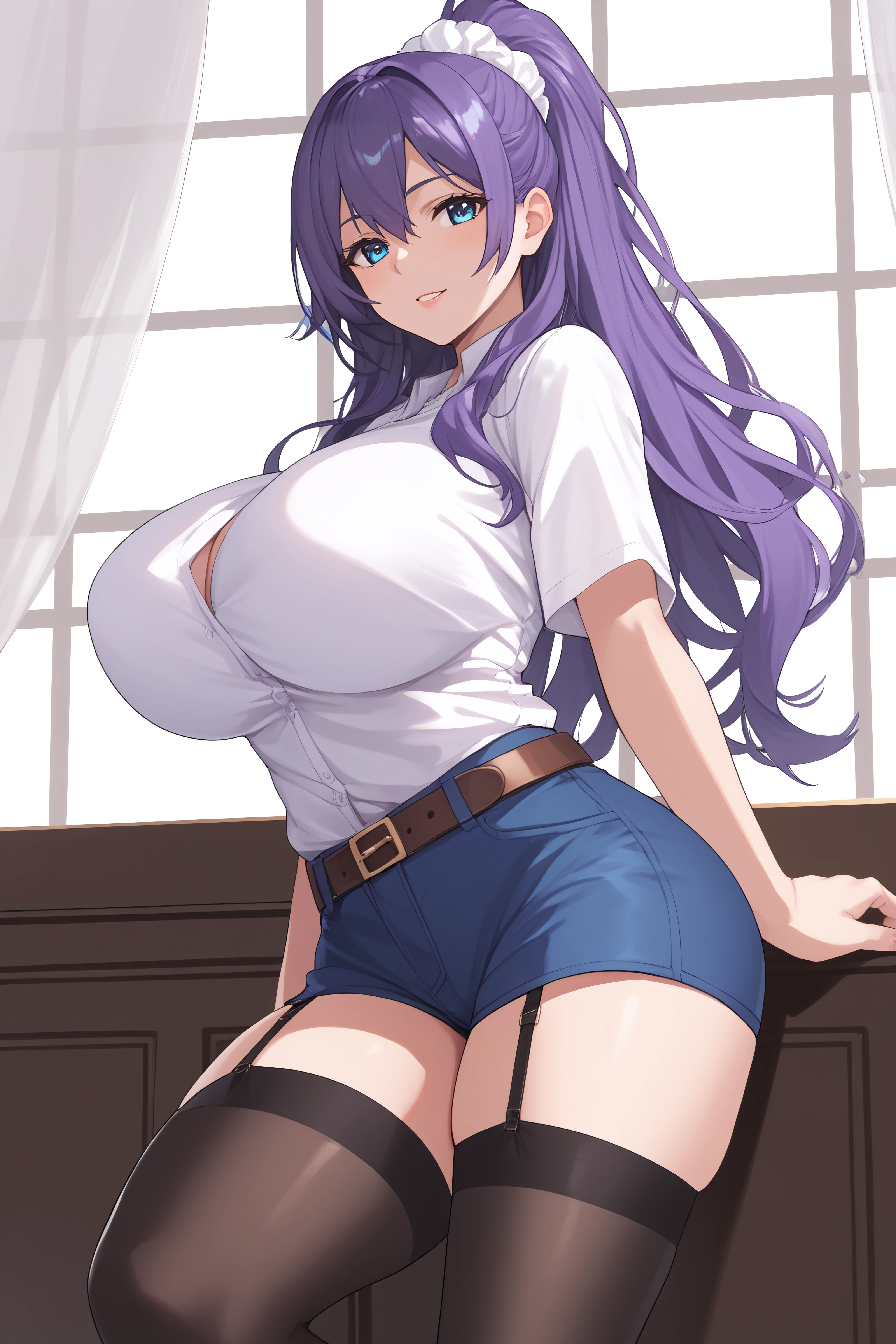 score_9, score_8_up, score_7_up, BREAK source_anime, <lora:rei suzukawa-PonyXL-lora-Faxtron:0.8> rei suzukawa, blue eyes, purple hair, long hair, white scrunchie, large breasts, white shirt, blue shorts, belt, black thighhighs, garter straps,