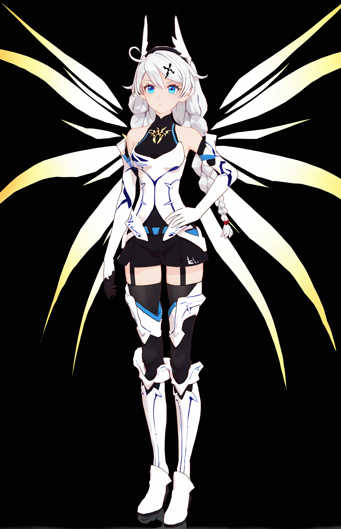 score_9, score_8_up, score_7_up, score_6_up, 8k, best quality, masterpiece, (ultra-detailed:1.1), (high detailed skin),
(full body), (black background:1.1), standing, looking at viewer, (solo), hand on hip,
<lora:kiana-young-pony-Tanger-000010:0.8>, kiana kaslana, yueguang, 3rd clothes, 1girl, blue eyes, long hair, braid, thighhighs, boots, bangs, hair ornament, bare shoulders, twin braids, energy wings, elbow gloves,
(beautiful_face), ((intricate_detail)), clear face,
((finely_detailed)), fine_fabric_emphasis,
((glossy)), full_shot,