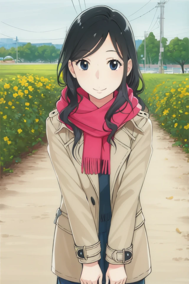 1 girl, looking at viewer, pov, outdoors, smile,
<lora:Usagi_Drop_-_Nitani_Yukari:0.7> udyukari, black hair, long hair, black eyes
scarf, coat,