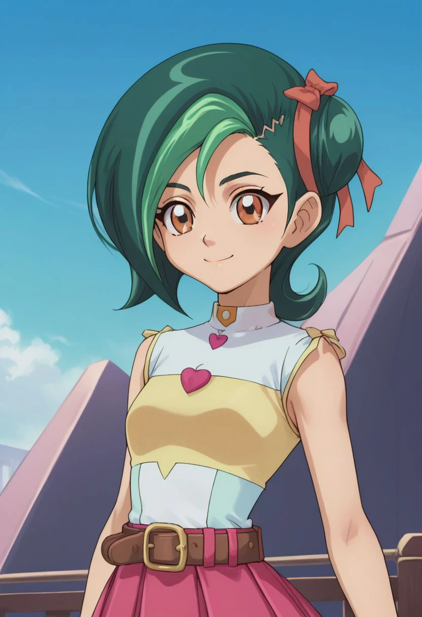 score_9, score_8_up, score_7_up, source_anime, highly detailed, 
tori, 1girl, solo, green hair, skirt, smile, multicolored hair, brown eyes, belt, ribbon, hair ribbon, two-tone hair, hair bun, single hair bun, upper body
outdoor, sky,